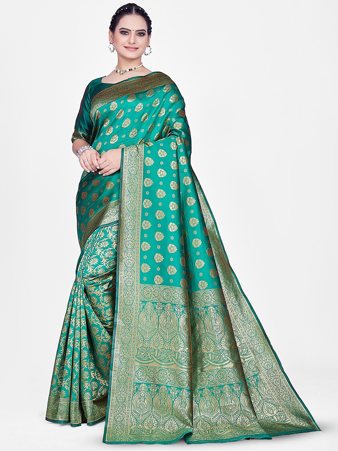 

HOMIGOZ Ethnic Motifs Woven Design Zari Banarasi Saree, Teal
