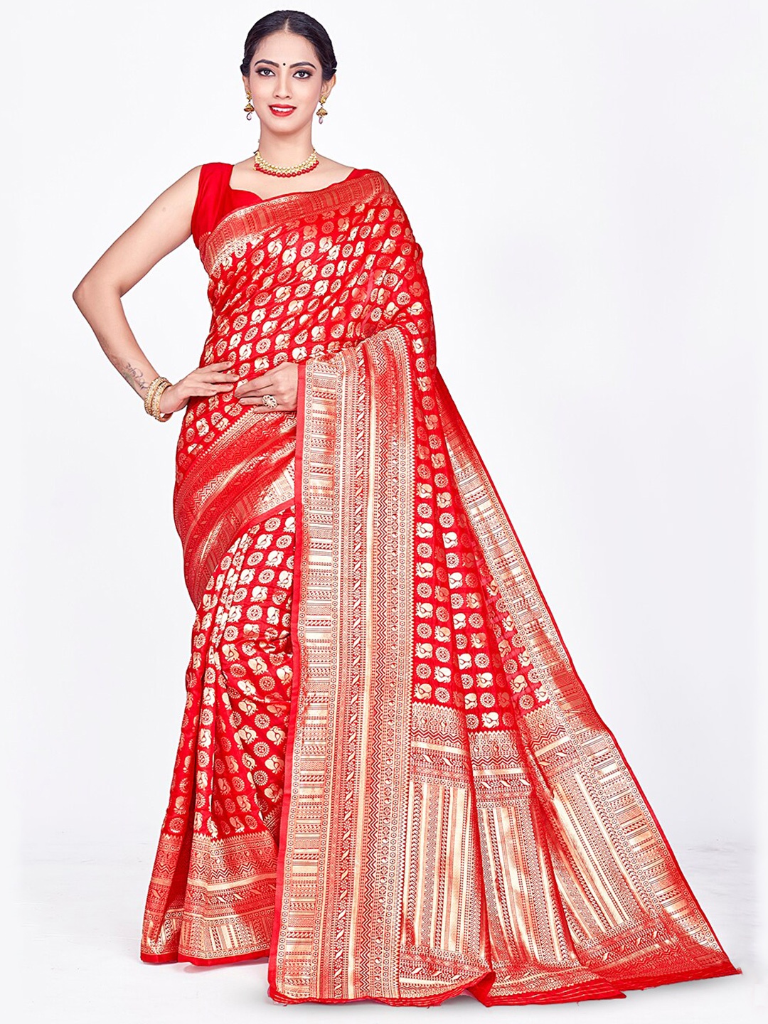 

HOMIGOZ Ethnic Motifs Woven Design Zari Banarasi Saree, Red
