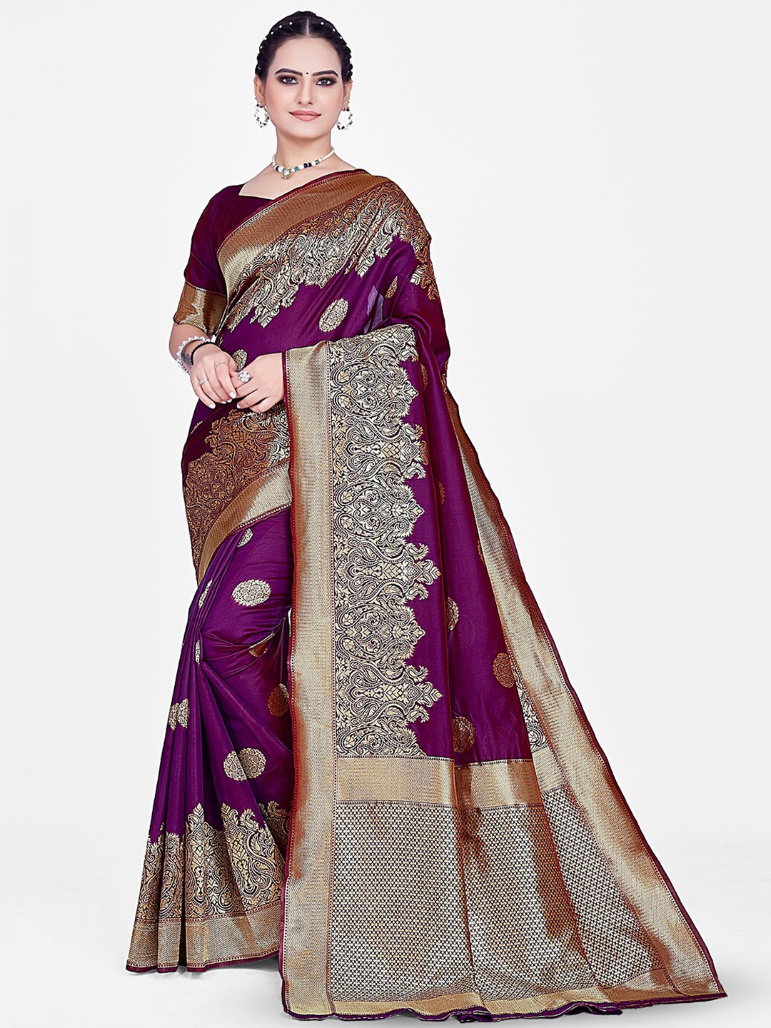 

HOMIGOZ Ethnic Motifs Woven Design Zari Banarasi Saree, Purple