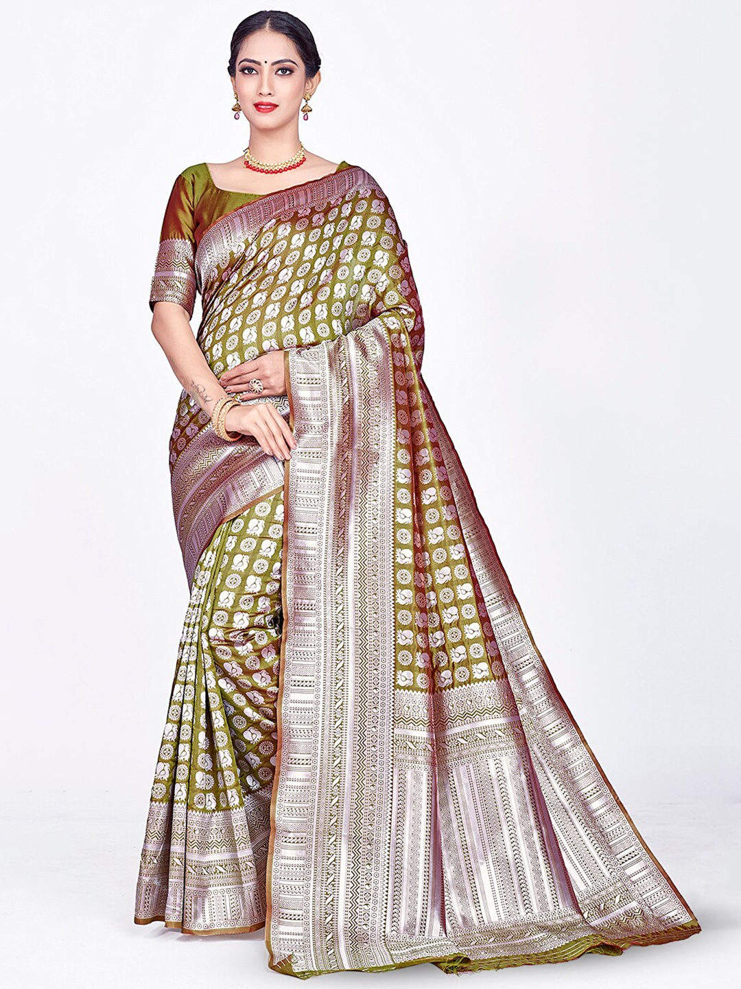 

HOMIGOZ Ethnic Motifs Woven Design Zari Banarasi Saree, Olive