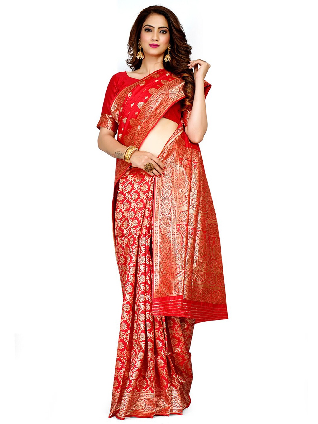 

HOMIGOZ Ethnic Motifs Woven Design Zari Banarasi Saree, Red