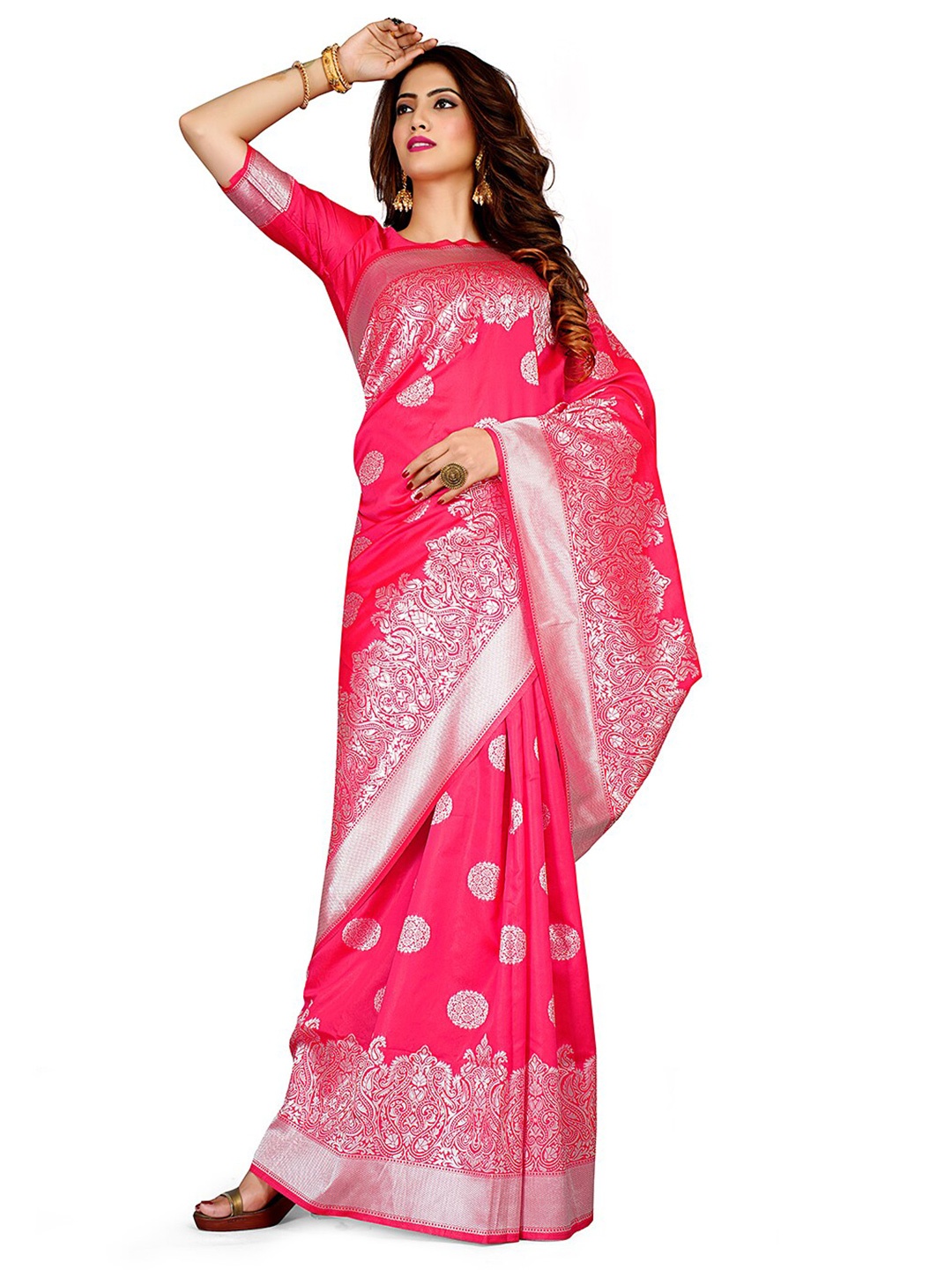 

HOMIGOZ Ethnic Motifs Woven Design Zari Banarasi Saree, Pink