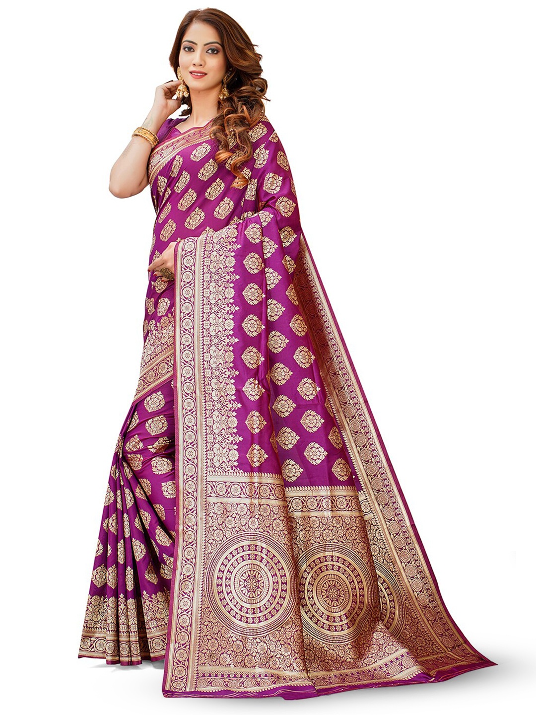 

HOMIGOZ Ethnic Motifs Woven Design Zari Banarasi Saree, Purple