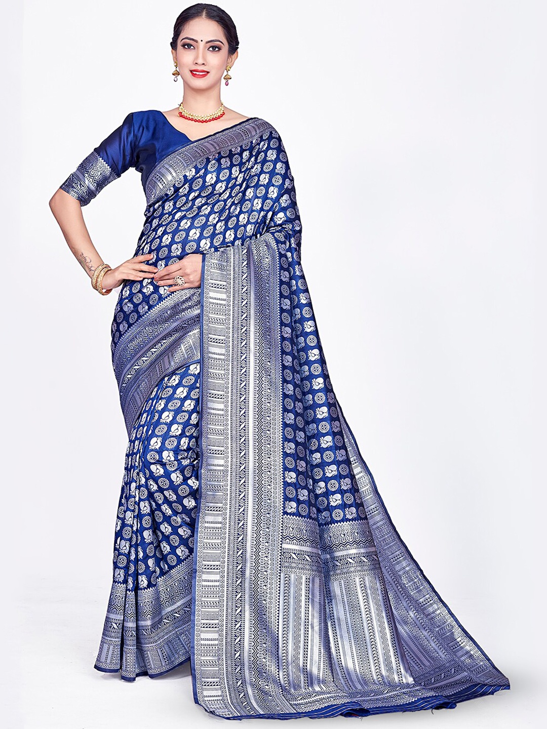 

HOMIGOZ Ethnic Motifs Woven Design Zari Banarasi Saree, Blue
