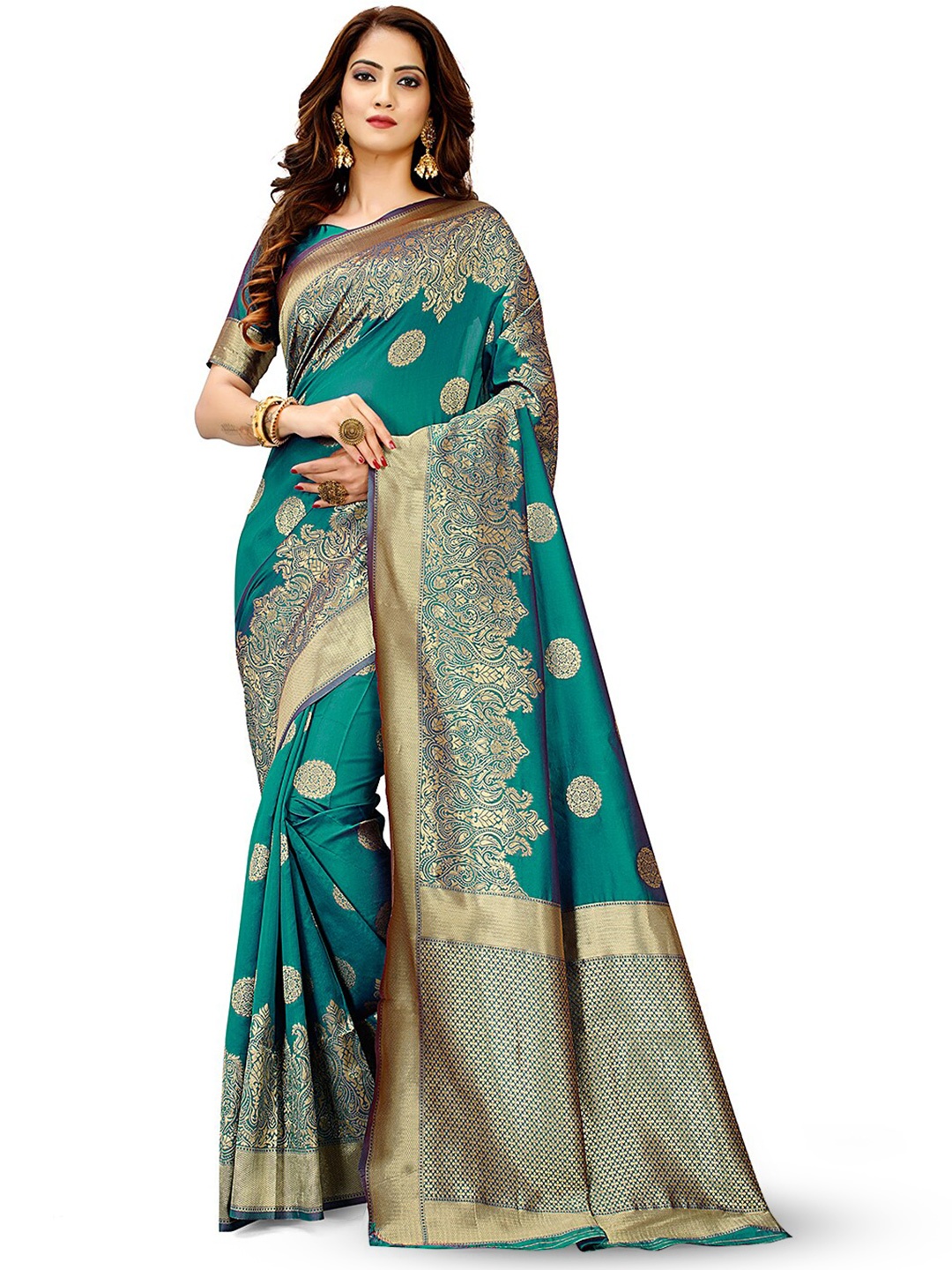 

HOMIGOZ Ethnic Motifs Woven Design Zari Banarasi Saree, Olive