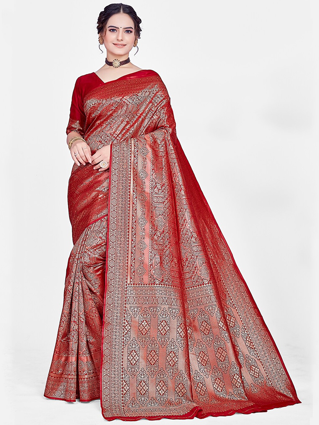 

HOMIGOZ Ethnic Motifs Woven Design Zari Banarasi Saree, Maroon