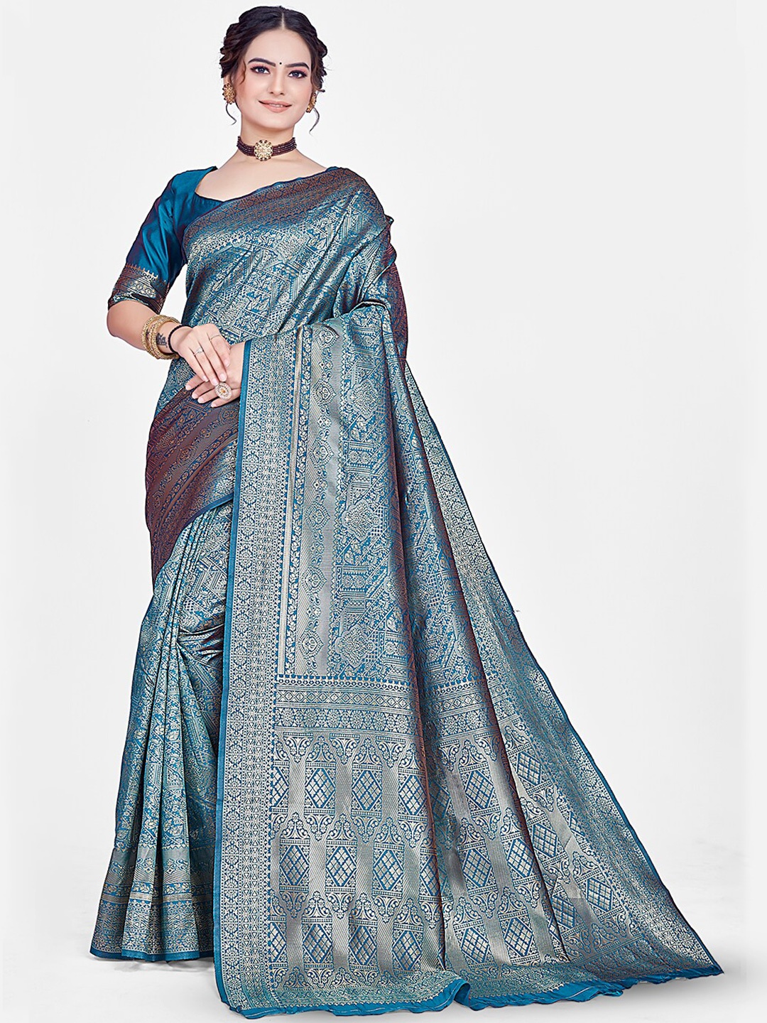 

HOMIGOZ Ethnic Motifs Woven Design Zari Banarasi Saree, Teal