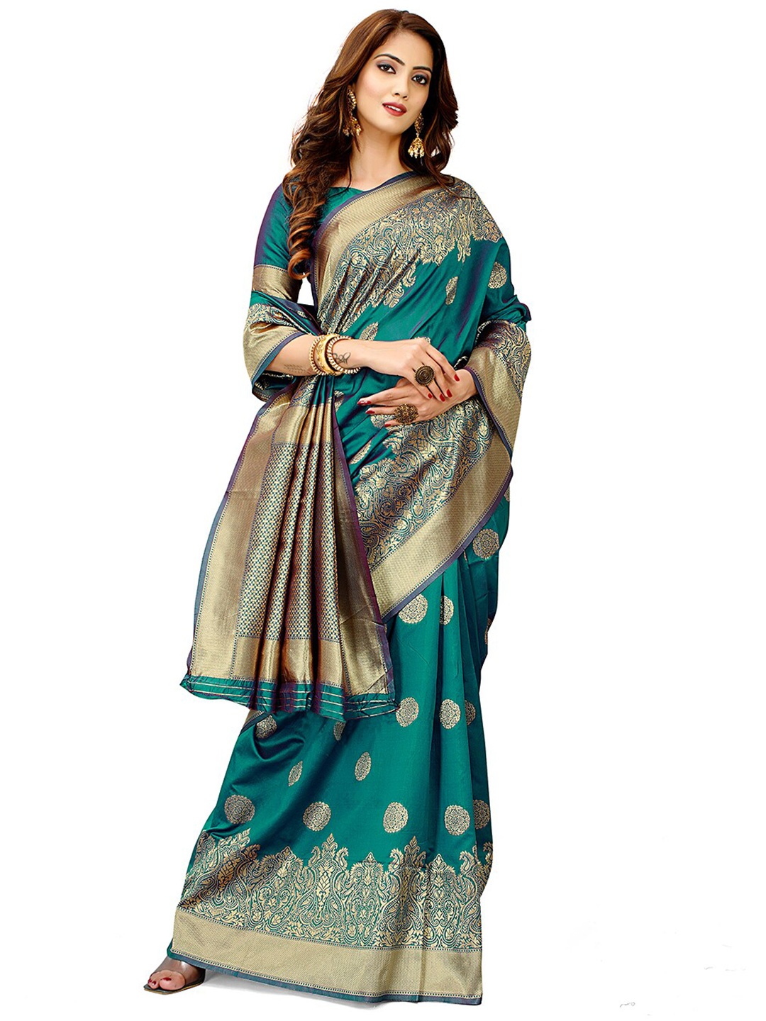 

HOMIGOZ Ethnic Motifs Woven Design Zari Banarasi Saree, Teal