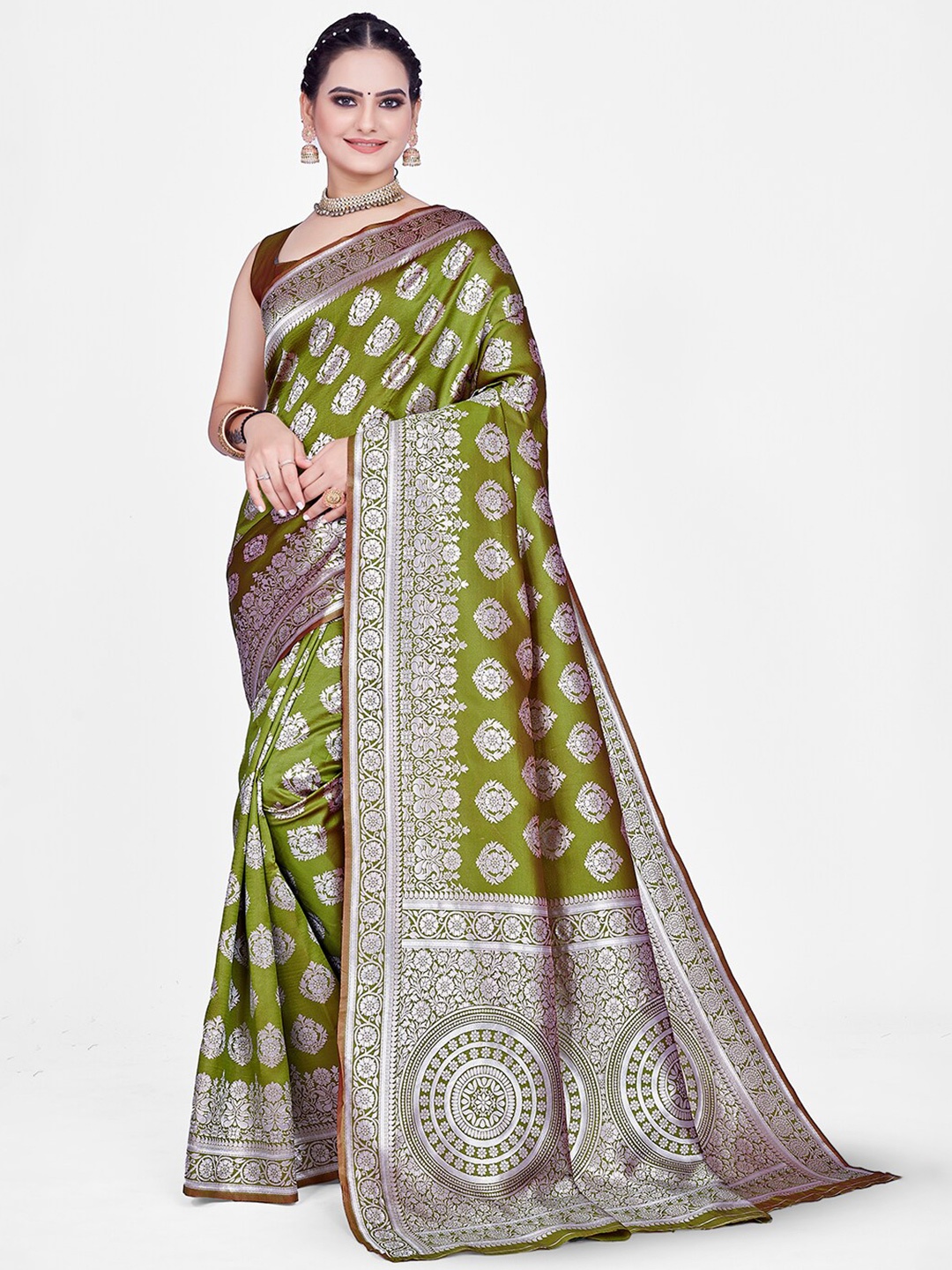 

HOMIGOZ Ethnic Motifs Woven Design Zari Banarasi Saree, Olive