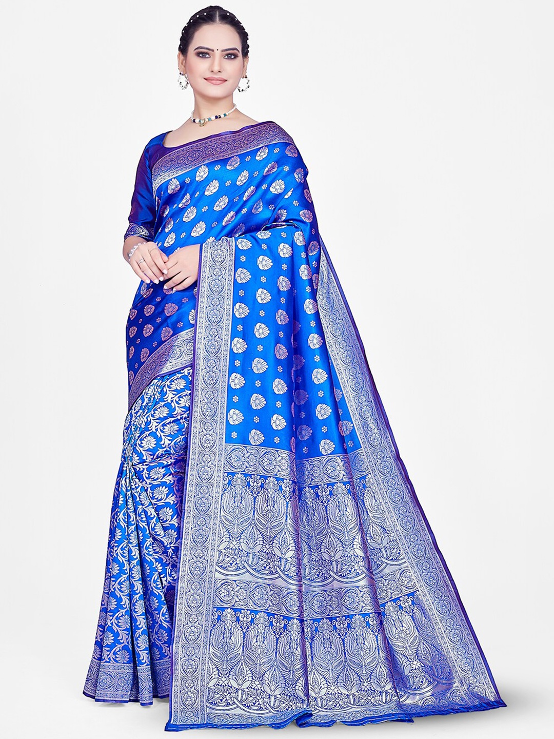 

HOMIGOZ Ethnic Motifs Woven Design Zari Banarasi Saree, Blue