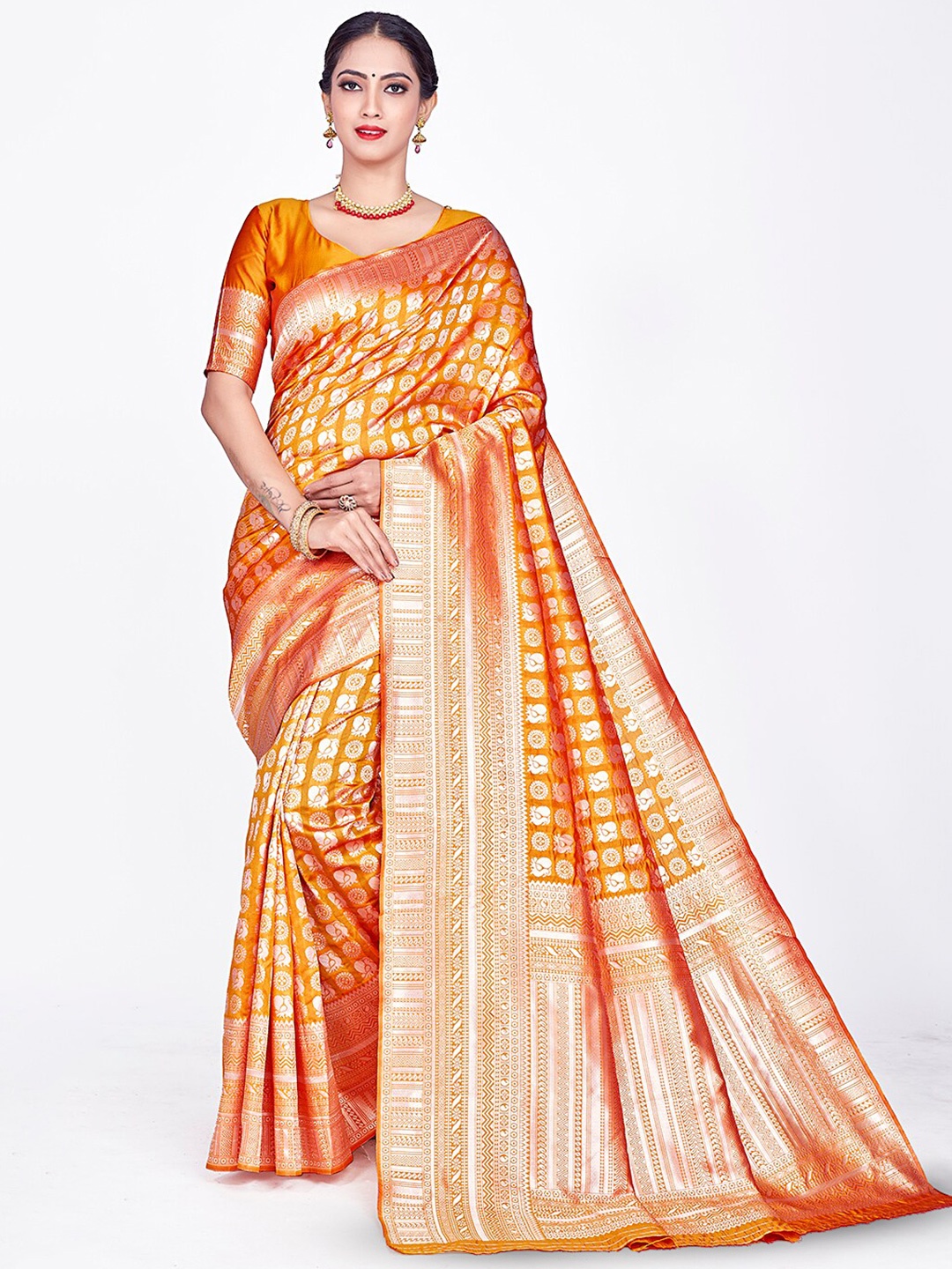 

HOMIGOZ Ethnic Motifs Woven Design Zari Banarasi Saree, Yellow