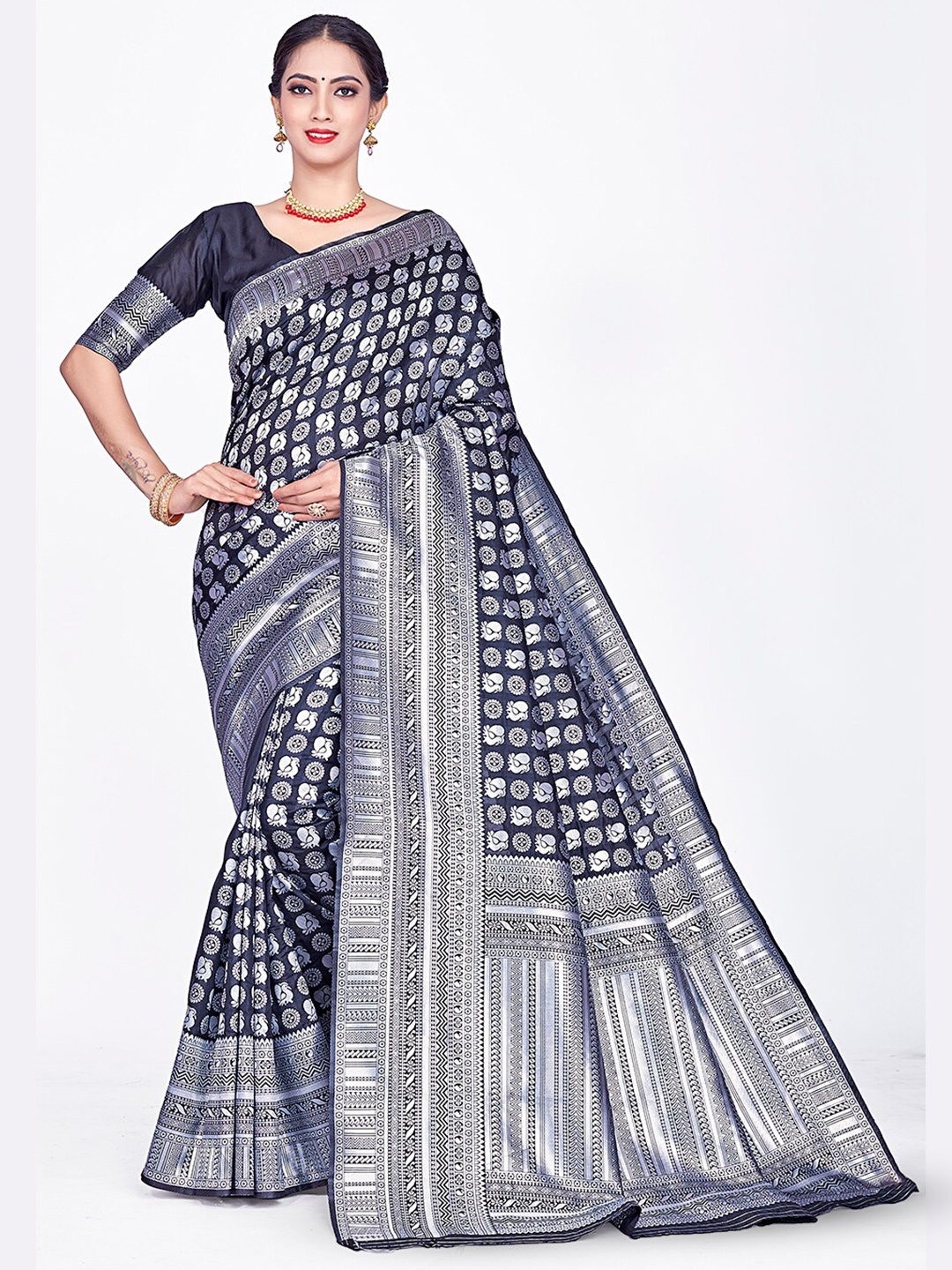 

HOMIGOZ Ethnic Motifs Woven Design Zari Banarasi Saree, Blue