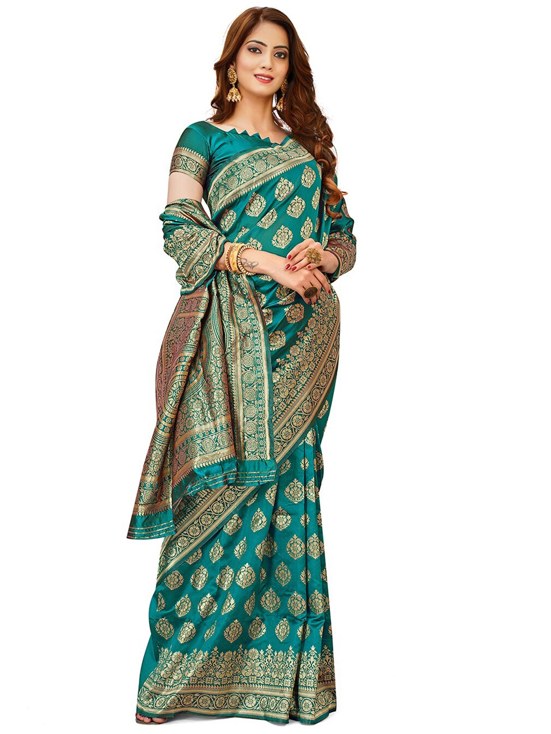 

HOMIGOZ Ethnic Motifs Woven Design Zari Banarasi Saree, Teal