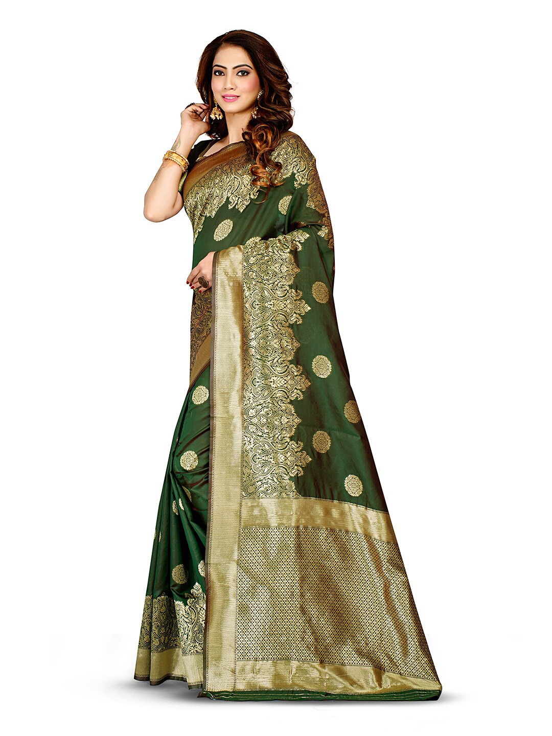 

HOMIGOZ Ethnic Motifs Woven Design Zari Banarasi Saree, Green