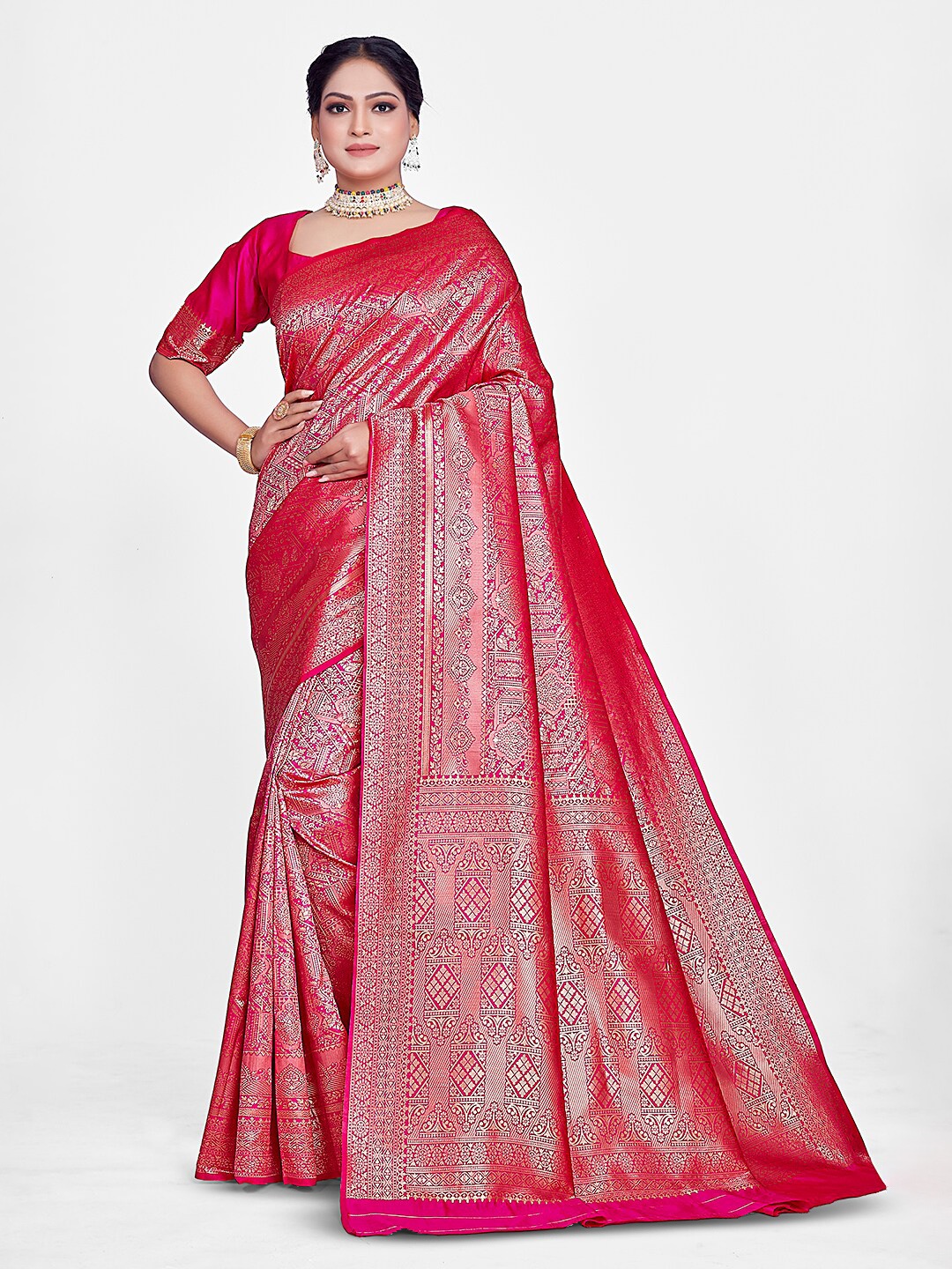 

HOMIGOZ Ethnic Motifs Woven Design Zari Banarasi Saree, Pink