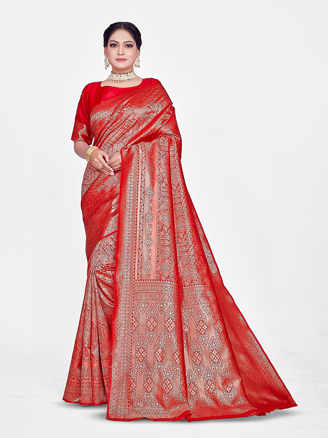 

HOMIGOZ Ethnic Motifs Woven Design Zari Banarasi Saree, Red