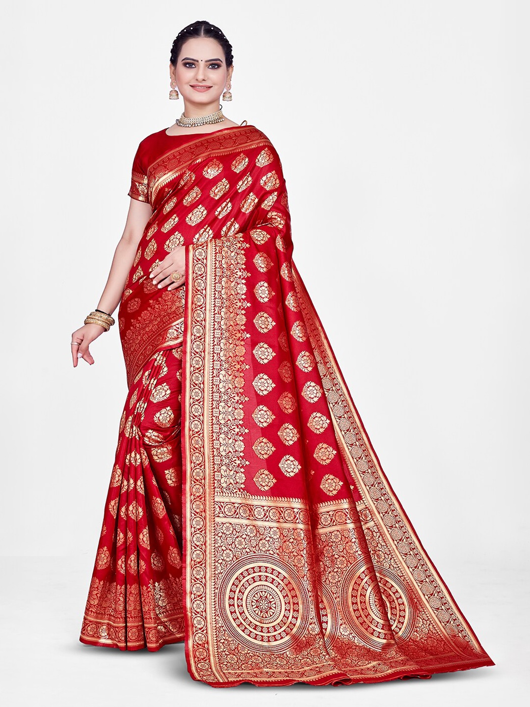 

HOMIGOZ Ethnic Motifs Woven Design Zari Banarasi Saree, Red