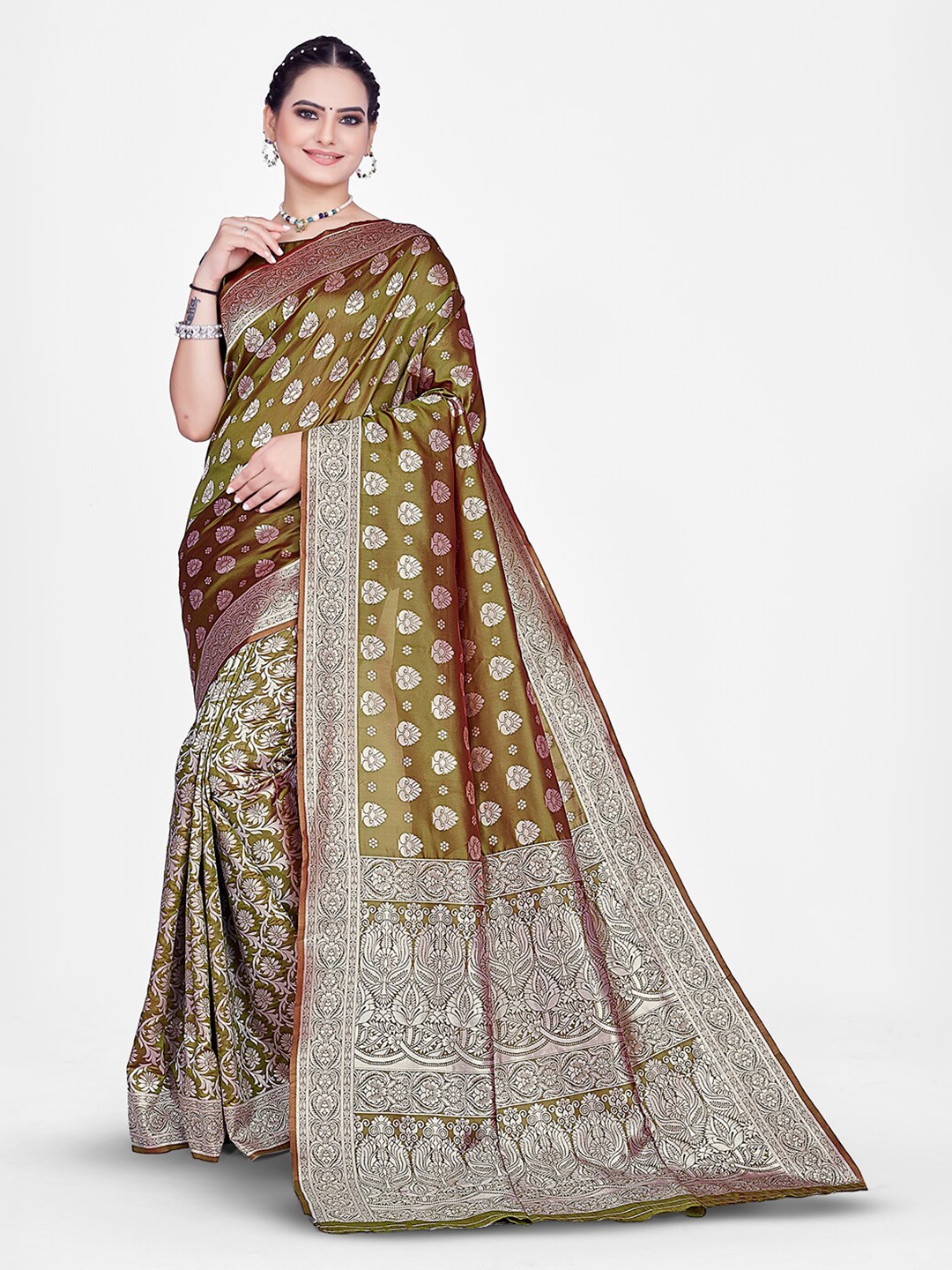 

HOMIGOZ Ethnic Motifs Woven Design Zari Banarasi Saree, Olive