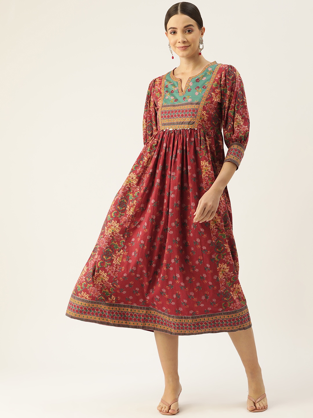 

Jaipur Morni Floral Print A-Line Midi Dress, Red