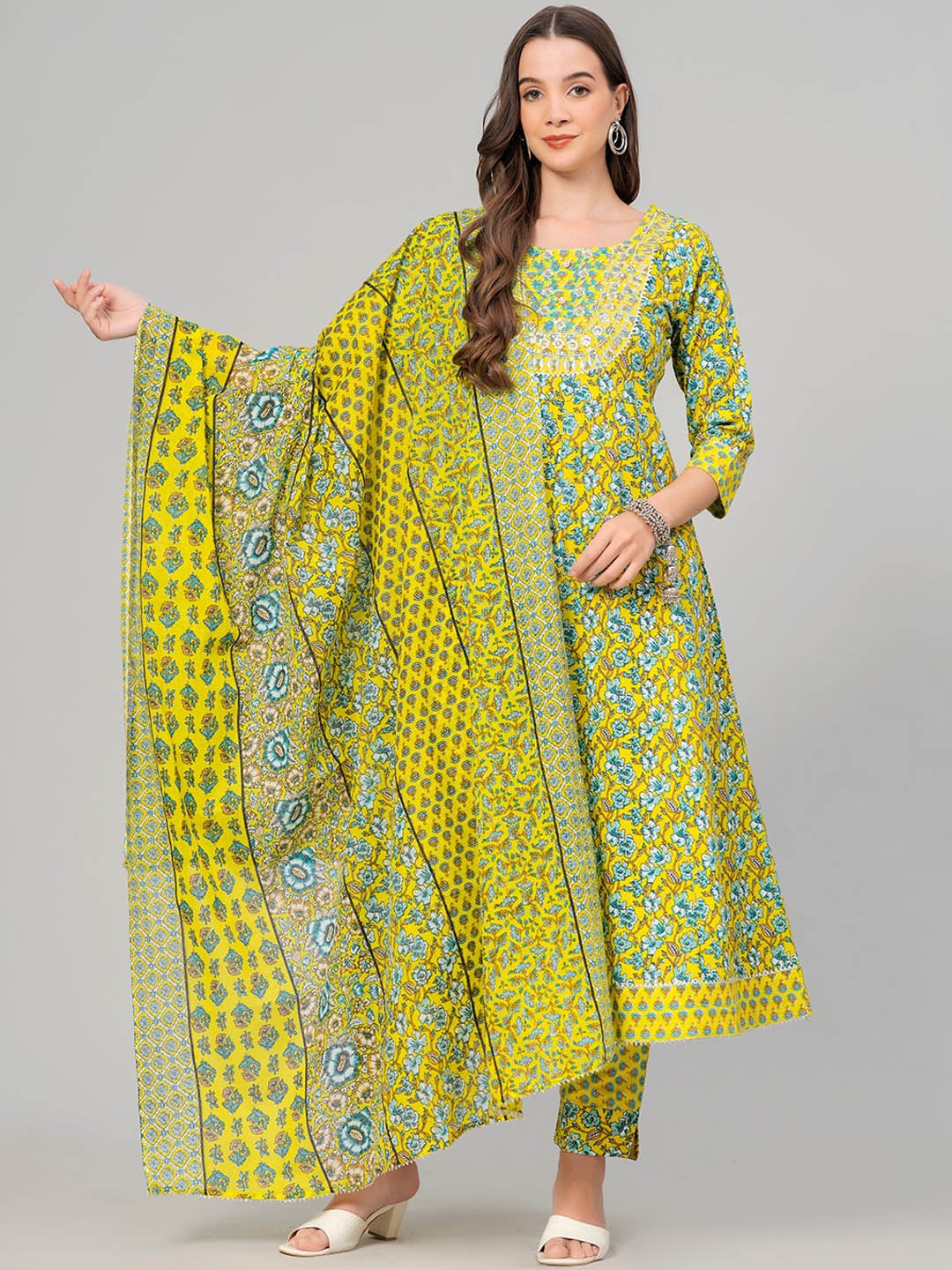 

KALINI Floral Printed Pure Cotton Anarkali Kurta & Trousers With Dupatta, Green
