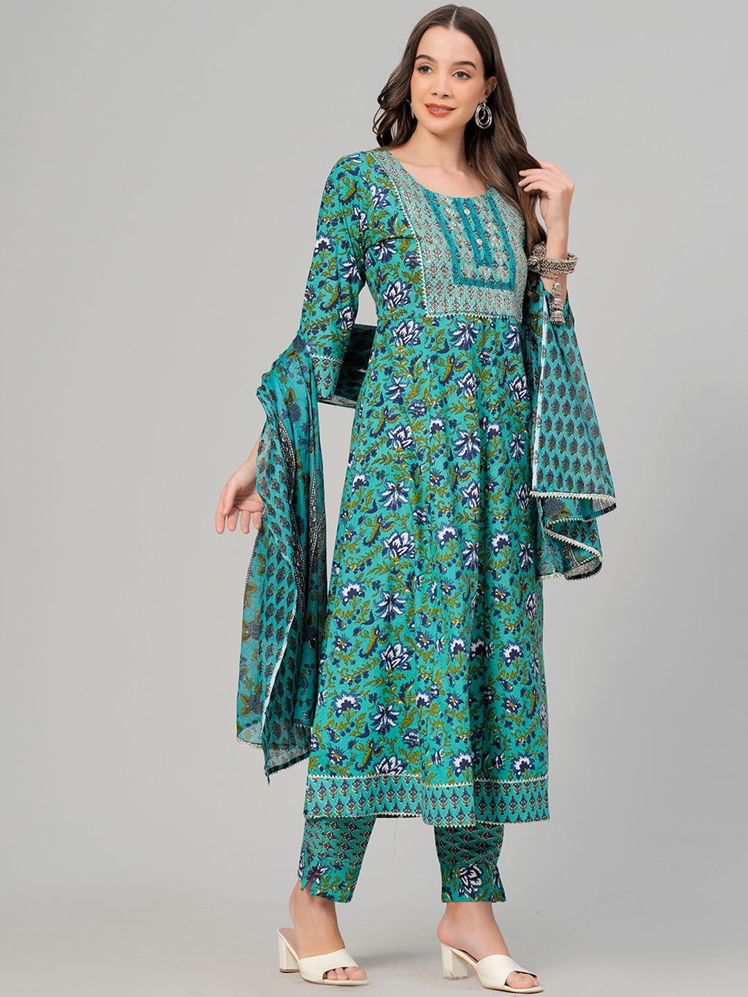 

KALINI Floral Printed Pure Cotton Anarkali Kurta & Trousers With Dupatta, Green