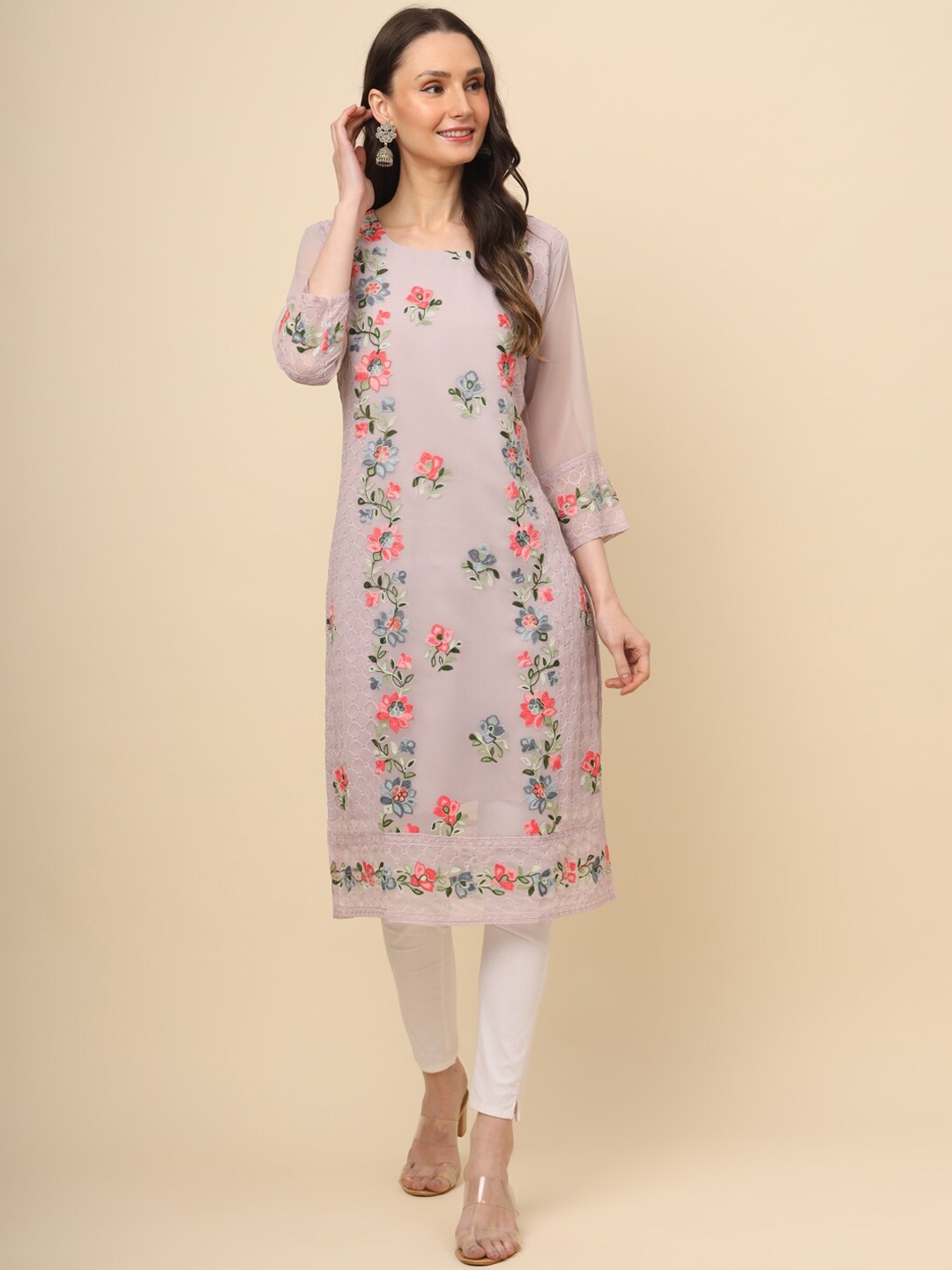 

HERE&NOW Floral Printed Thread Work Floral Georgette Kurta, Purple