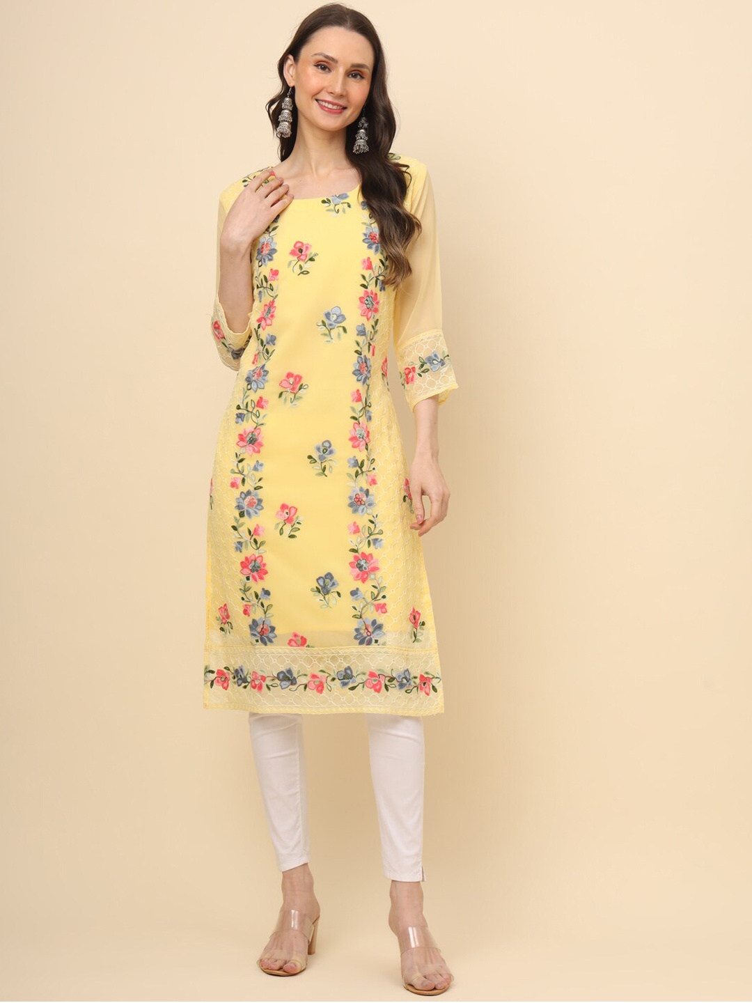 HERE&NOW Yellow Floral Embroidered Pure Georgette Straight Kurta