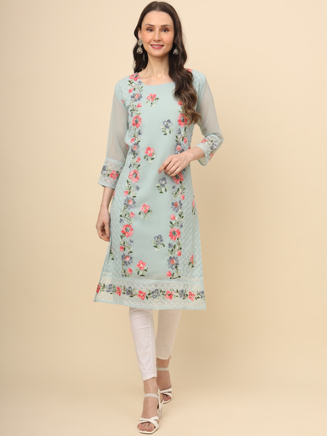 

HERE&NOW Turquoise Blue Floral Embroidered Pure Georgette Straight Kurta