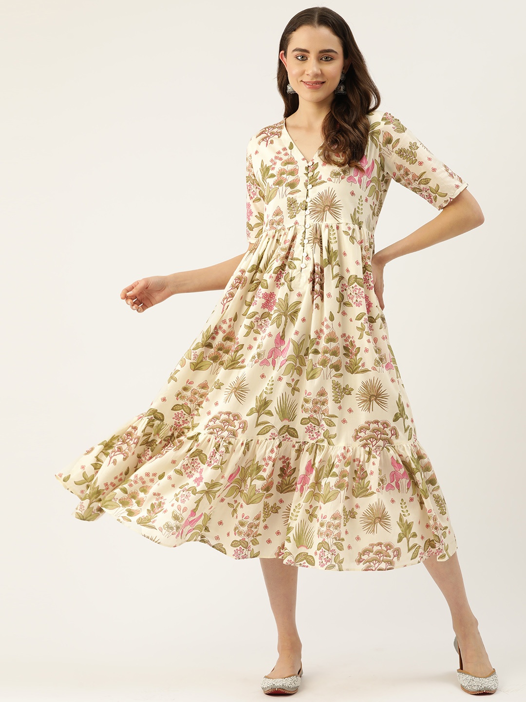 

Jaipur Morni Floral Print Fit & Flare Midi Dress, Cream