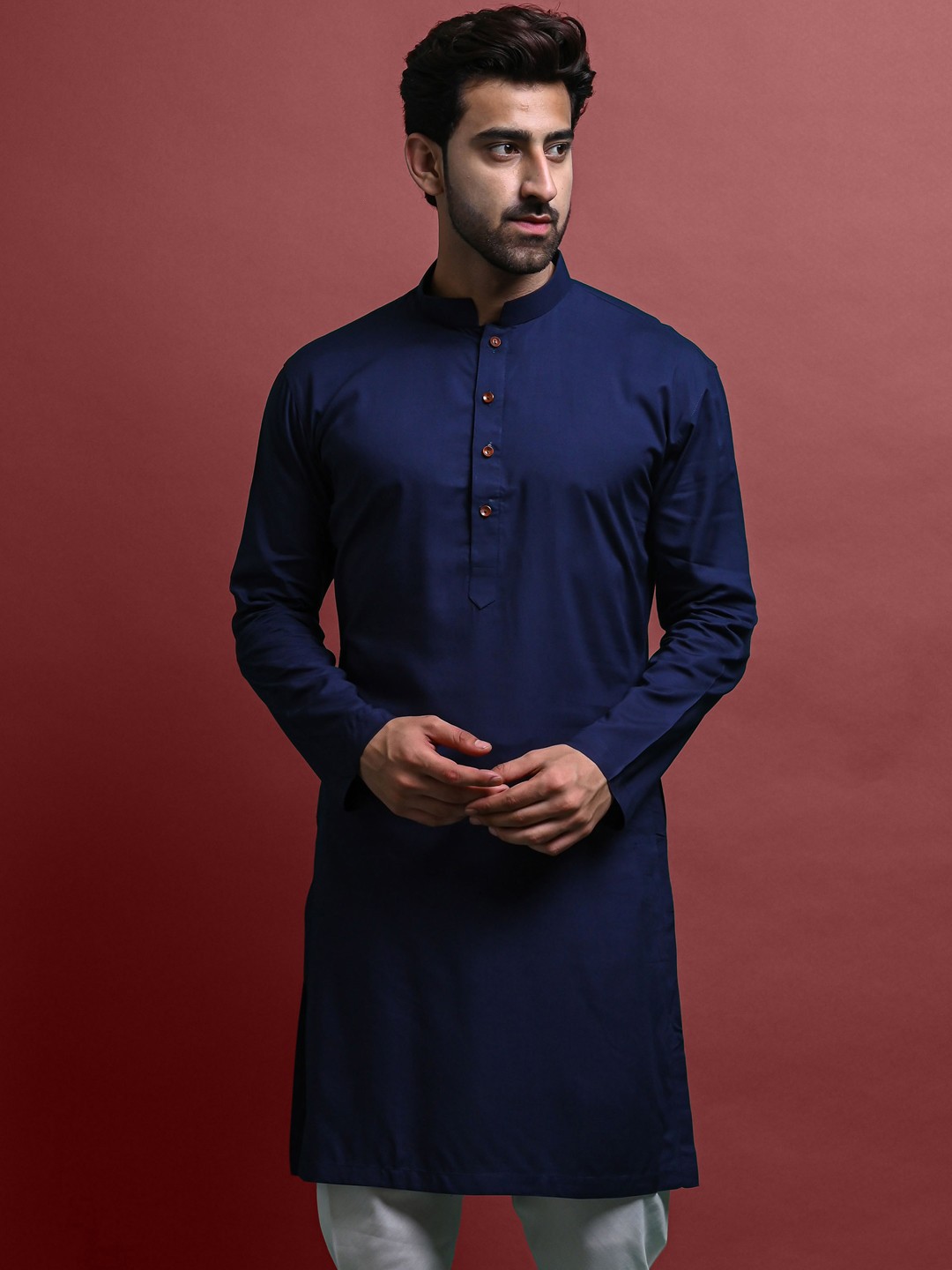

VESHAM Straight Thread Work Knee Length Angrakha Kurta, Navy blue