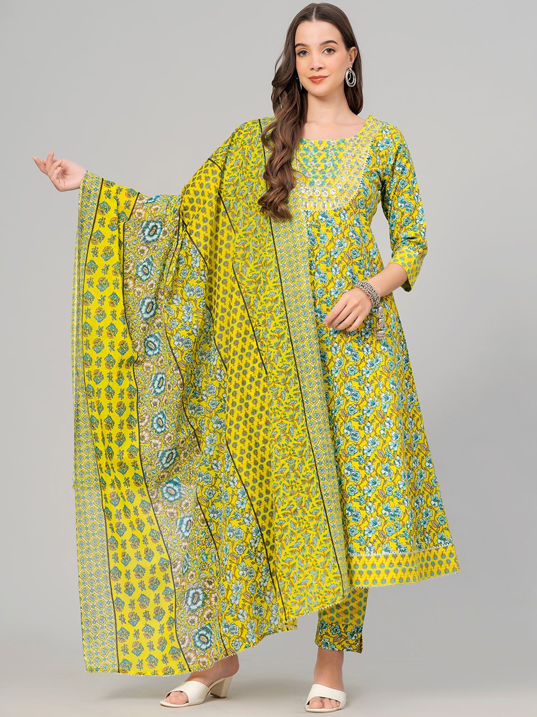 

HIGHLIGHT FASHION EXPORT Floral Printed Pure Cotton Anarkali Kurta With Trousers & Dupatta, Green