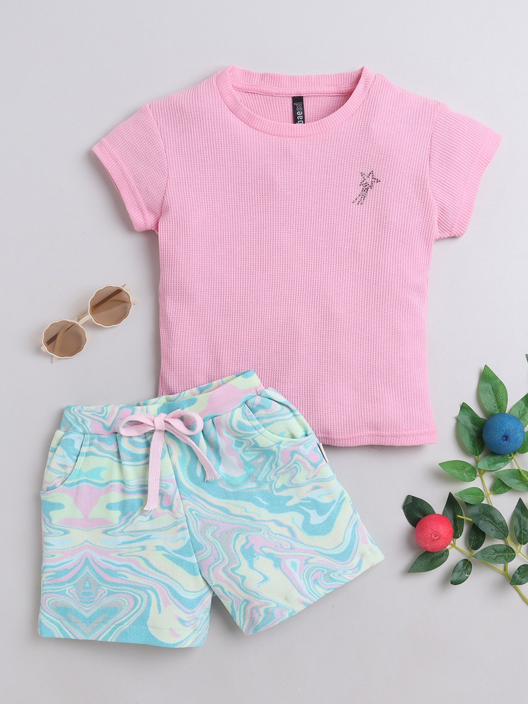 

BAESD Boys Self Design Pure Cotton T-shirt With Shorts, Pink