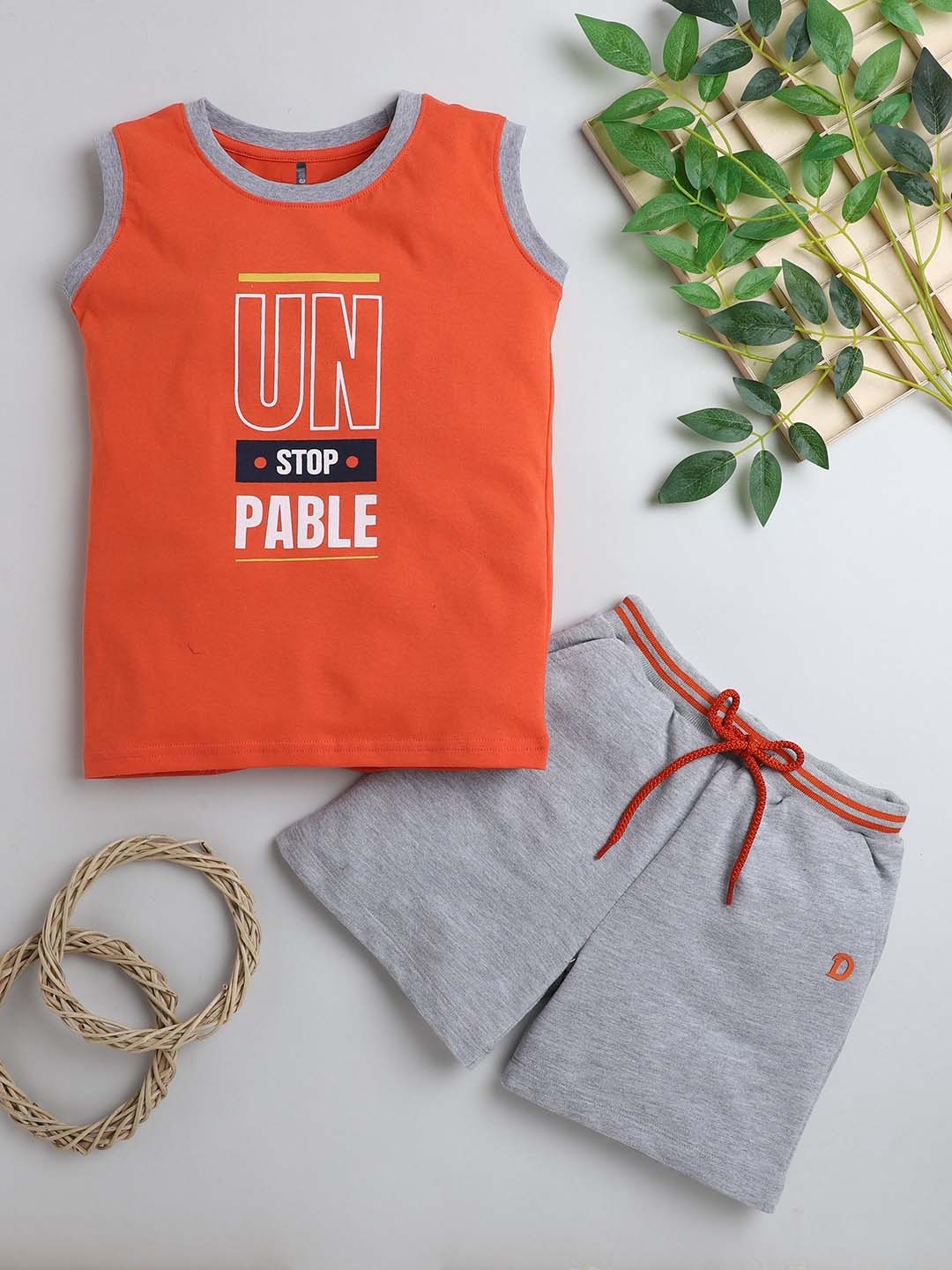 

BAESD Boys Printed Pure Cotton T-shirt with Shorts, Orange
