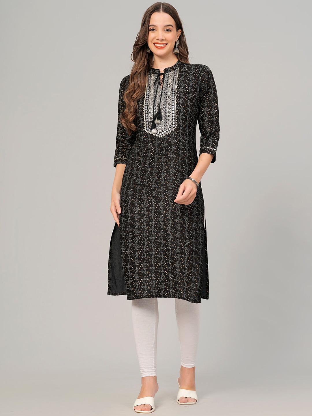 

KALINI Floral Printed Straight Kurta, Black