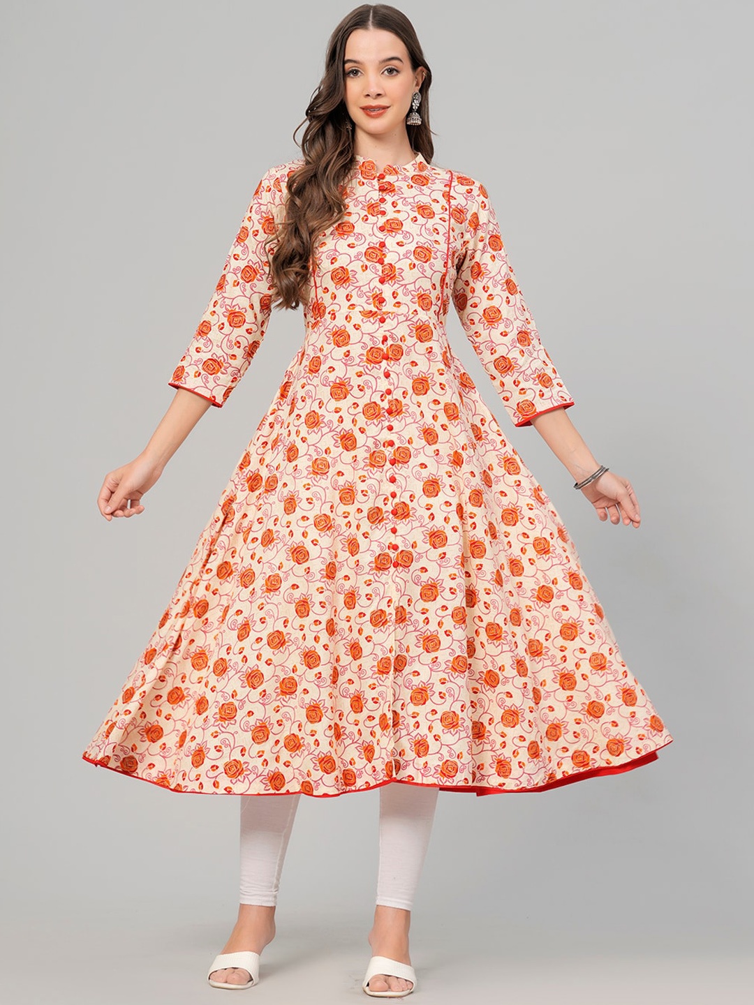 

KALINI Yoke Design Mandarin Collar Pure Cotton Gotta Patti Anarkali Kurta, Orange