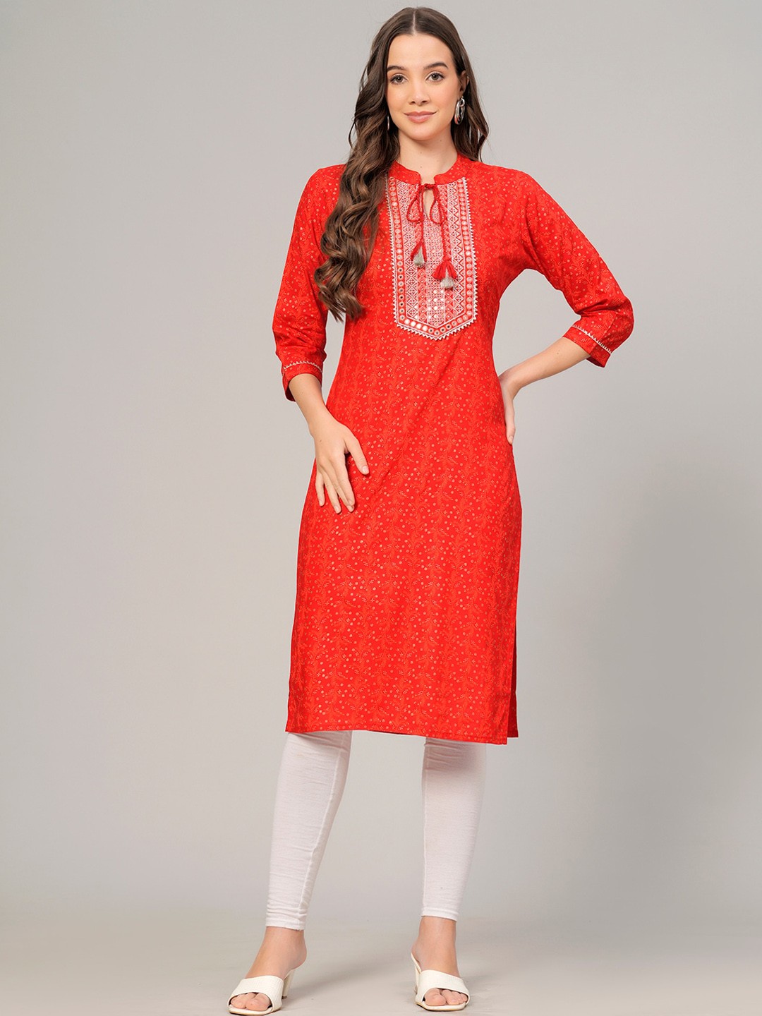 

KALINI Geometric Yoke Design Tie-Up Neck Kurta, Red