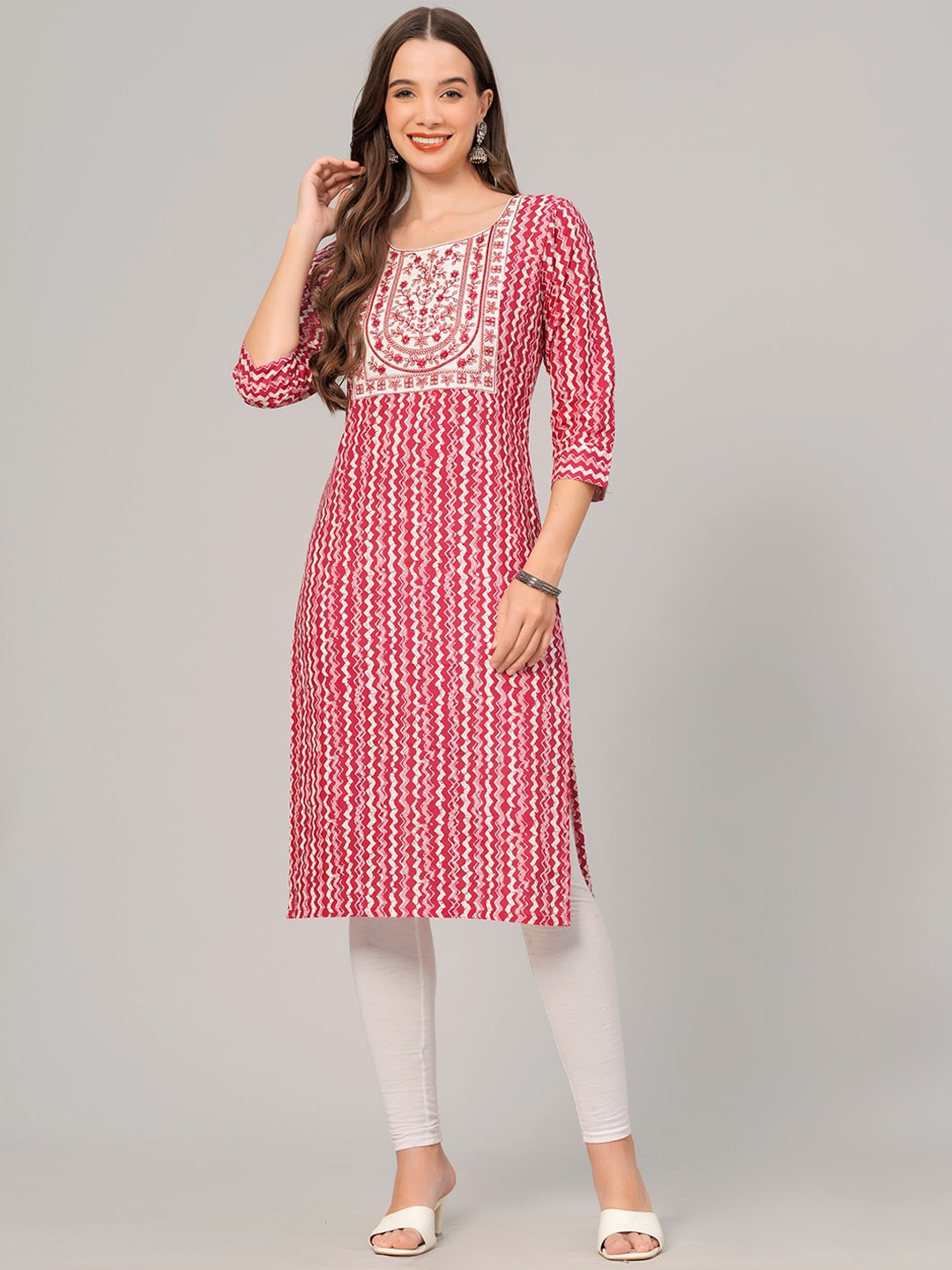 KALINI Geometric Printed Thread Work Cotton Kurta, Red