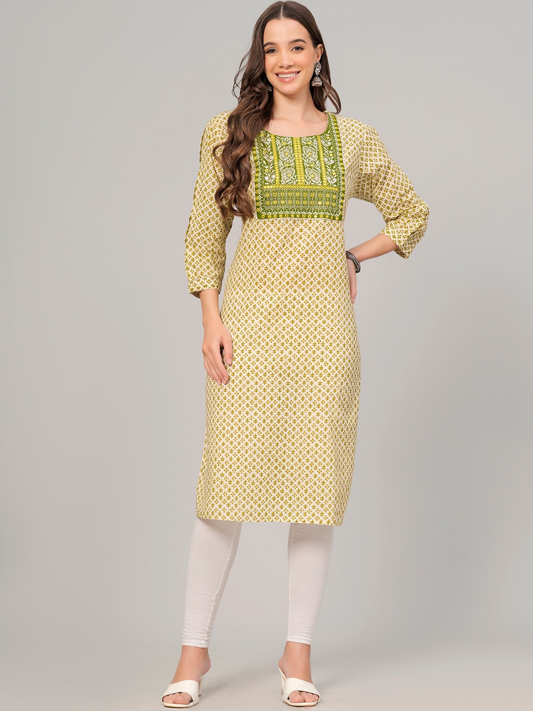 

KALINI Ethnic Motifs Yoke Design Pure Cotton Thread Work Kurta, Yellow