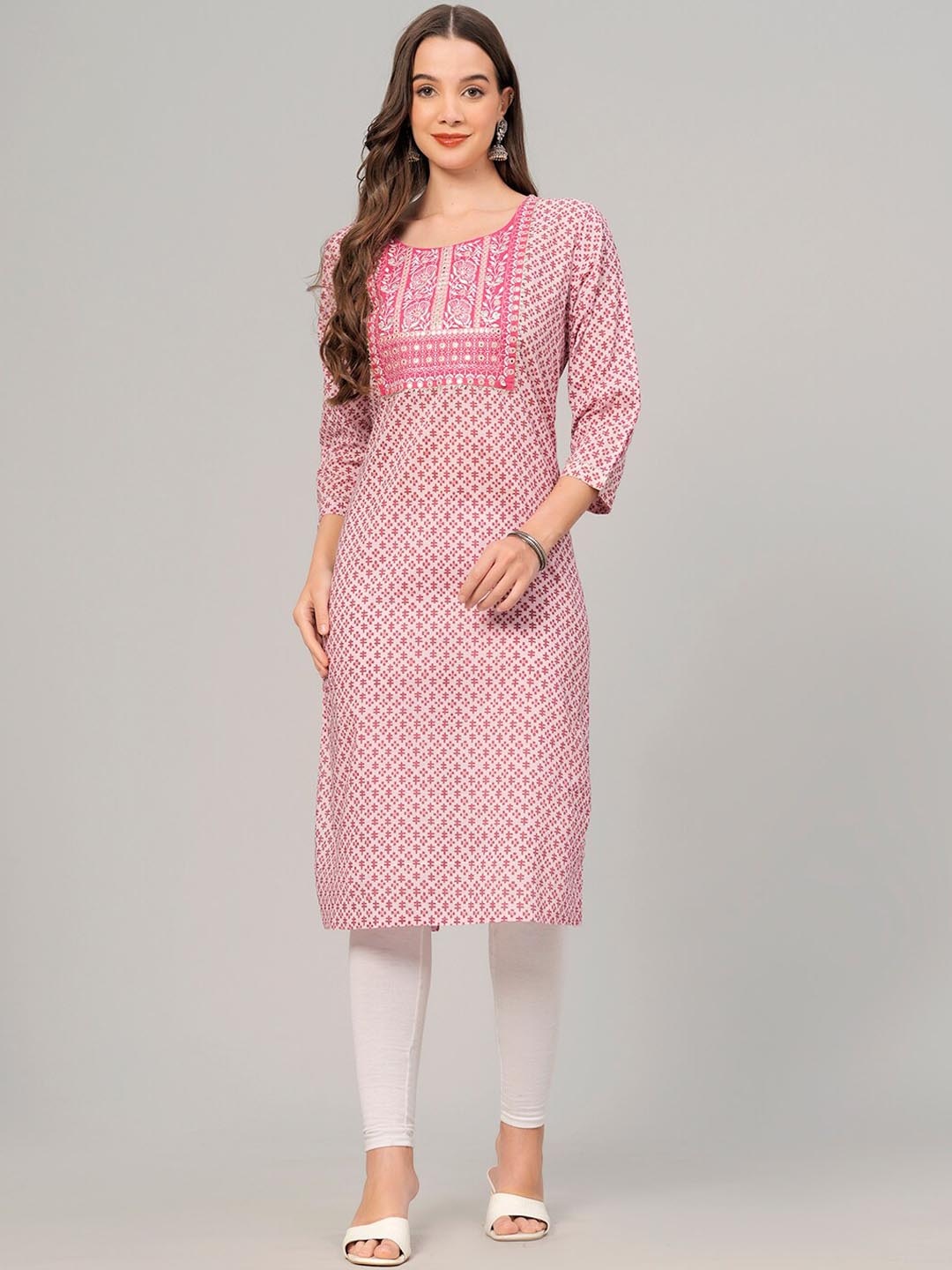 

KALINI Floral Printed Thread Work Cotton Kurta, Pink