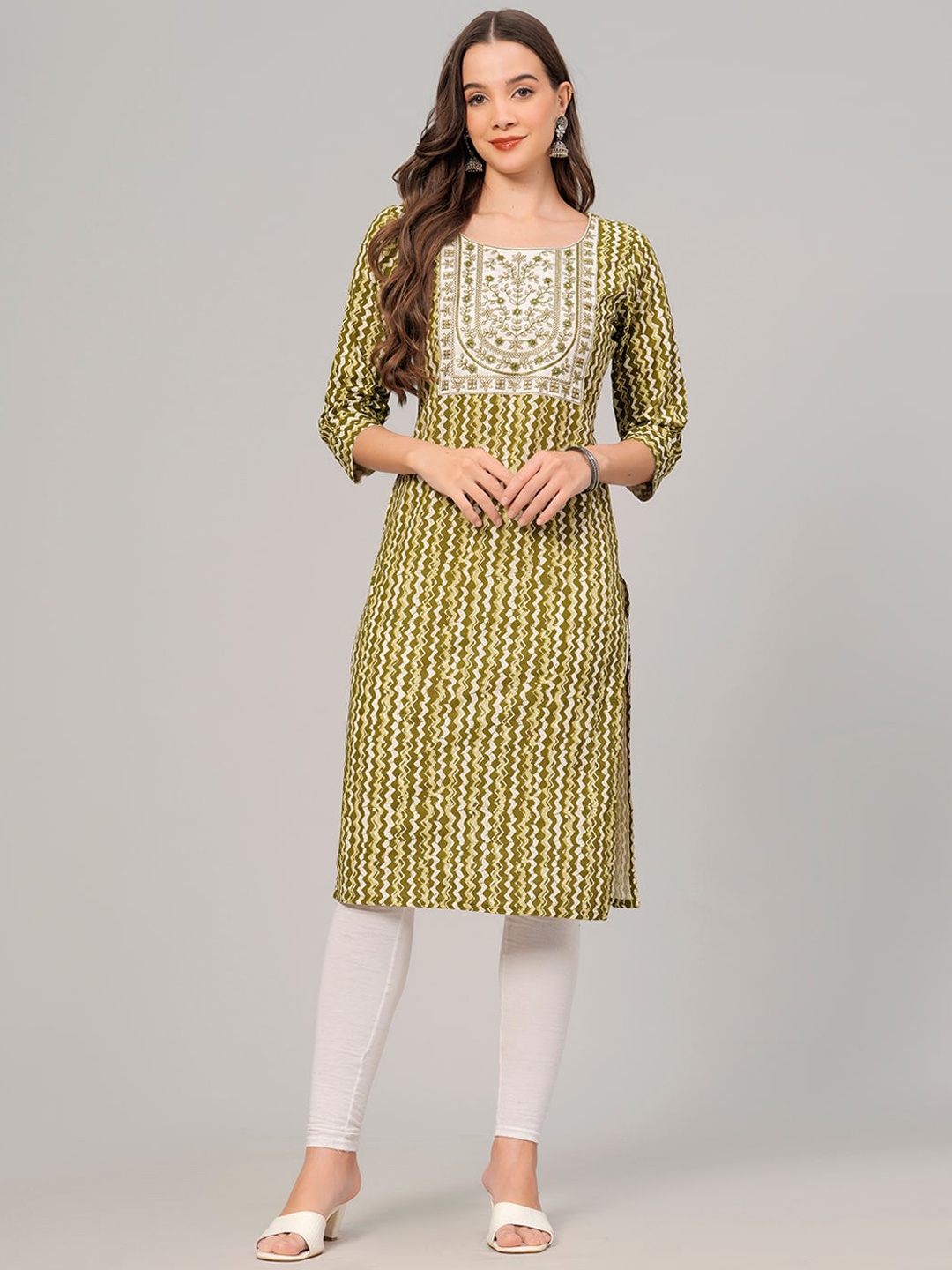 

KALINI Striped Thread Work Pure Cotton Kurta, Green