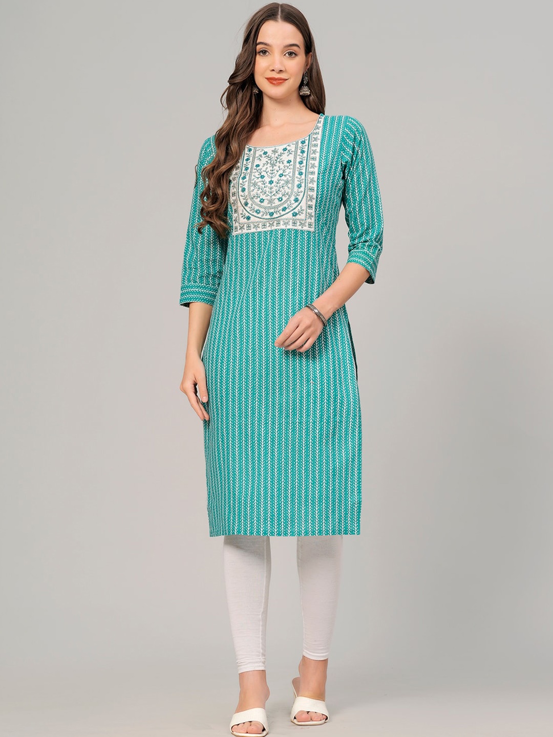 KALINI Striped Printed Thread Work Pure Cotton Kurta, Blue