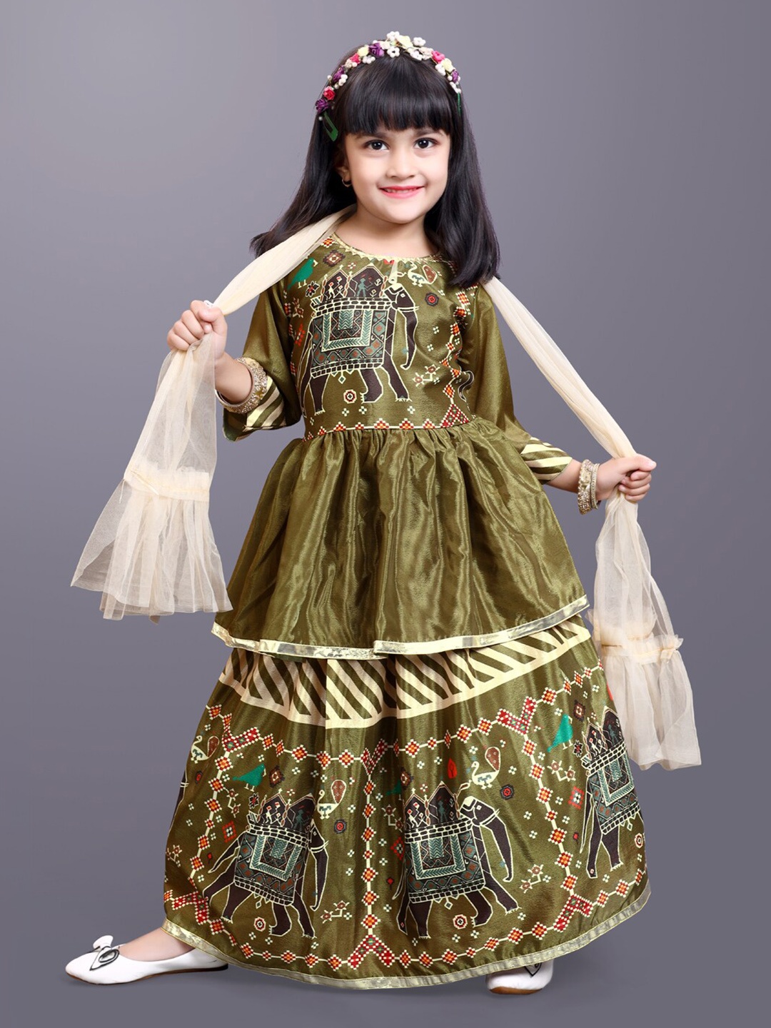 

BAESD Girls Printed Ready To Wear Lehenga & Blouse With Dupatta, Green