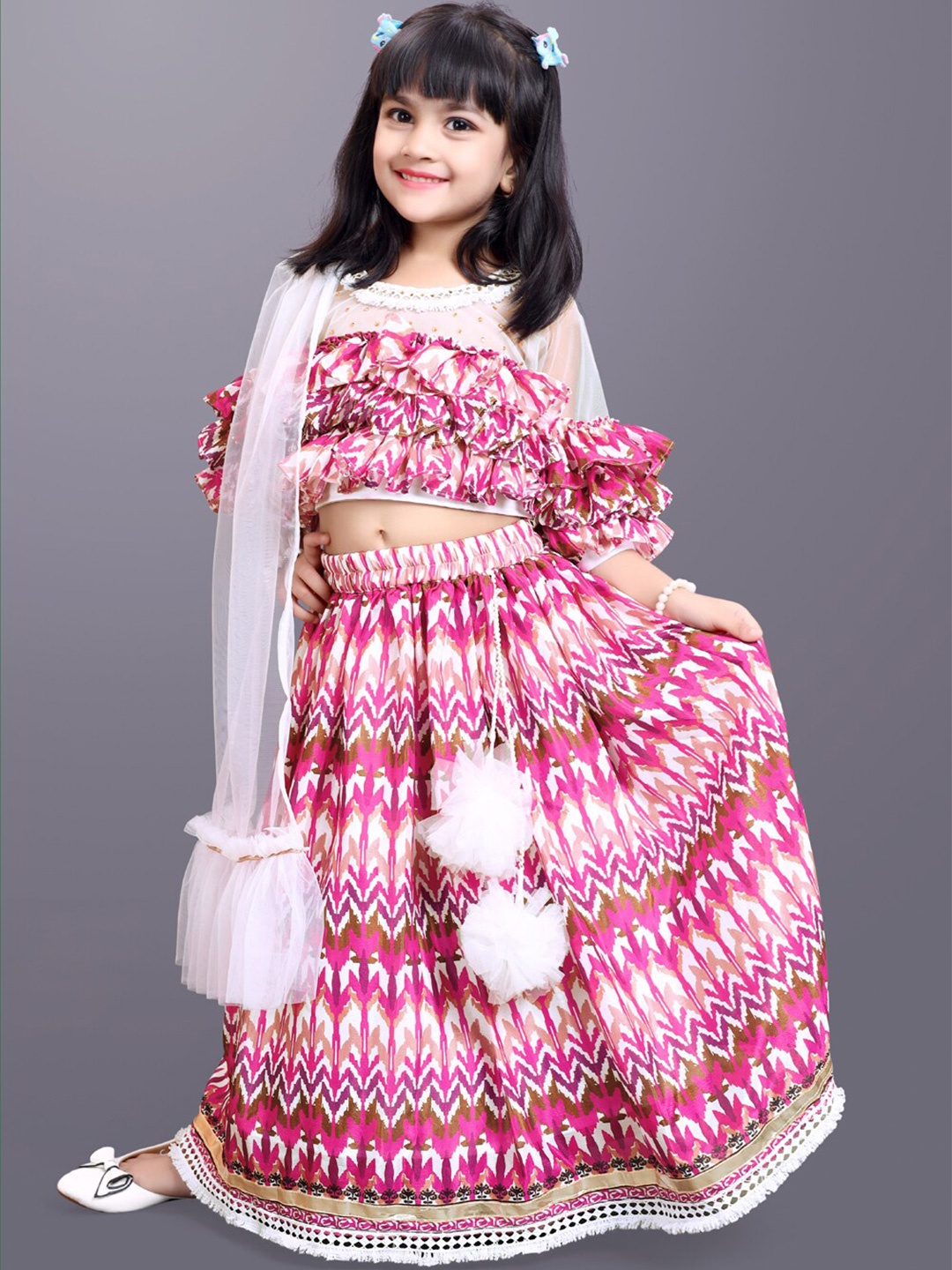 

BAESD Girls Printed Ready To Wear Lehenga & Blouse With Dupatta, Pink