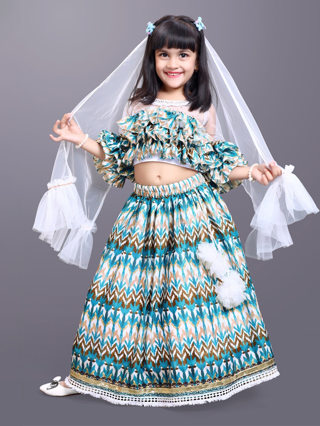 

BAESD Girls Printed Ready To Wear Lehenga & Blouse With Dupatta, Sea green