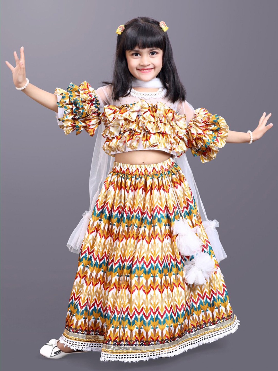 

BAESD Girls Printed Ready To Wear Lehenga & Blouse With Dupatta, Yellow