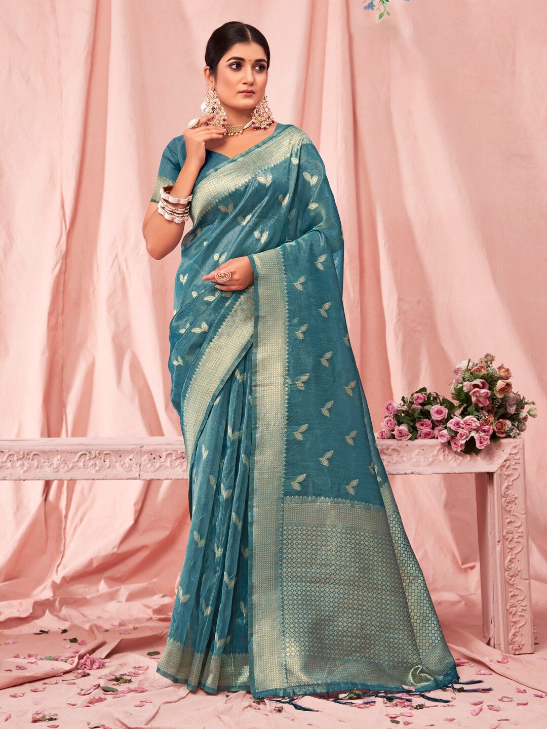 

Mitera Ethnic Motifs Woven Design Zari Kota Saree, Turquoise blue