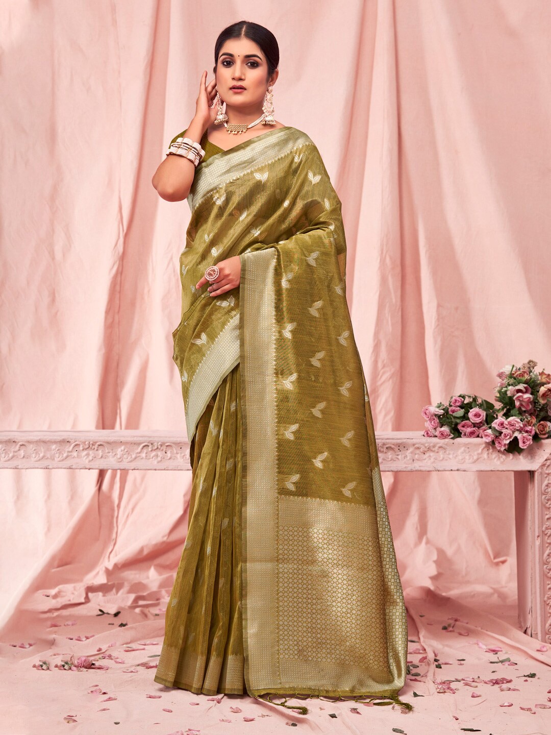 

Mitera Ethnic Motifs Woven Design Zari Kota Saree, Green