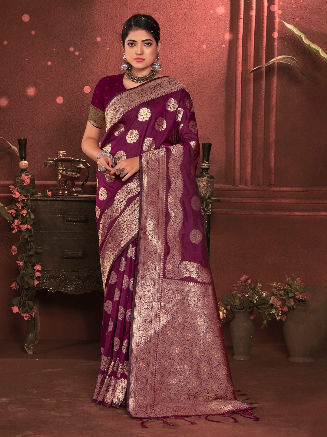 

Mitera Purple Ethnic Motifs Woven Design Zari Saree