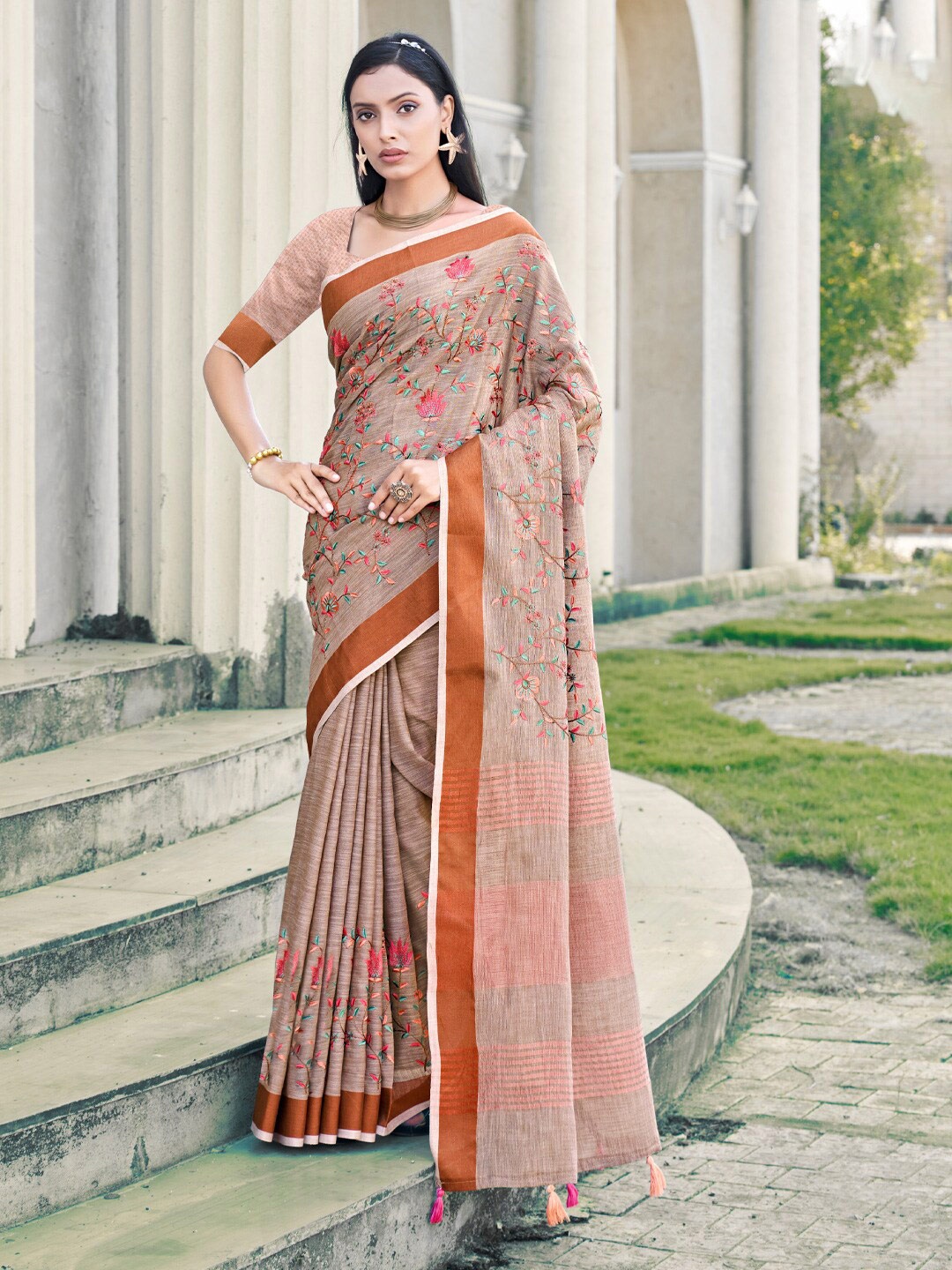 

Mitera Floral Embroidered Zari Designer Saree, Brown