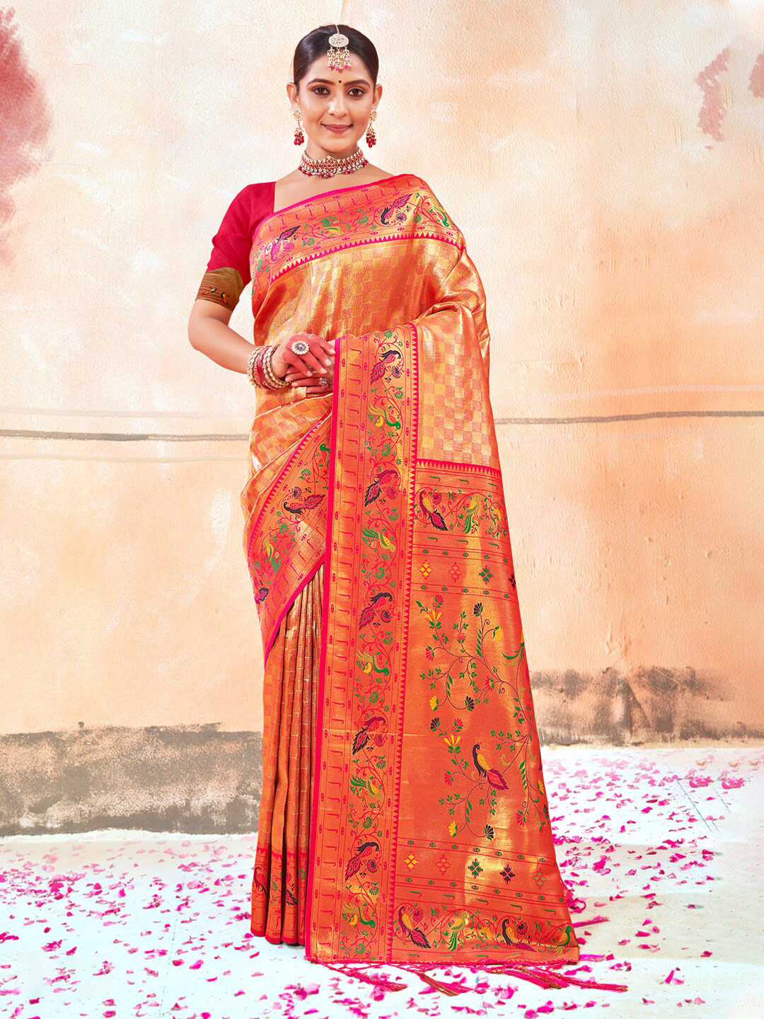 

Mitera Orange Ethnic Motifs Woven Design Zari Paithani Saree